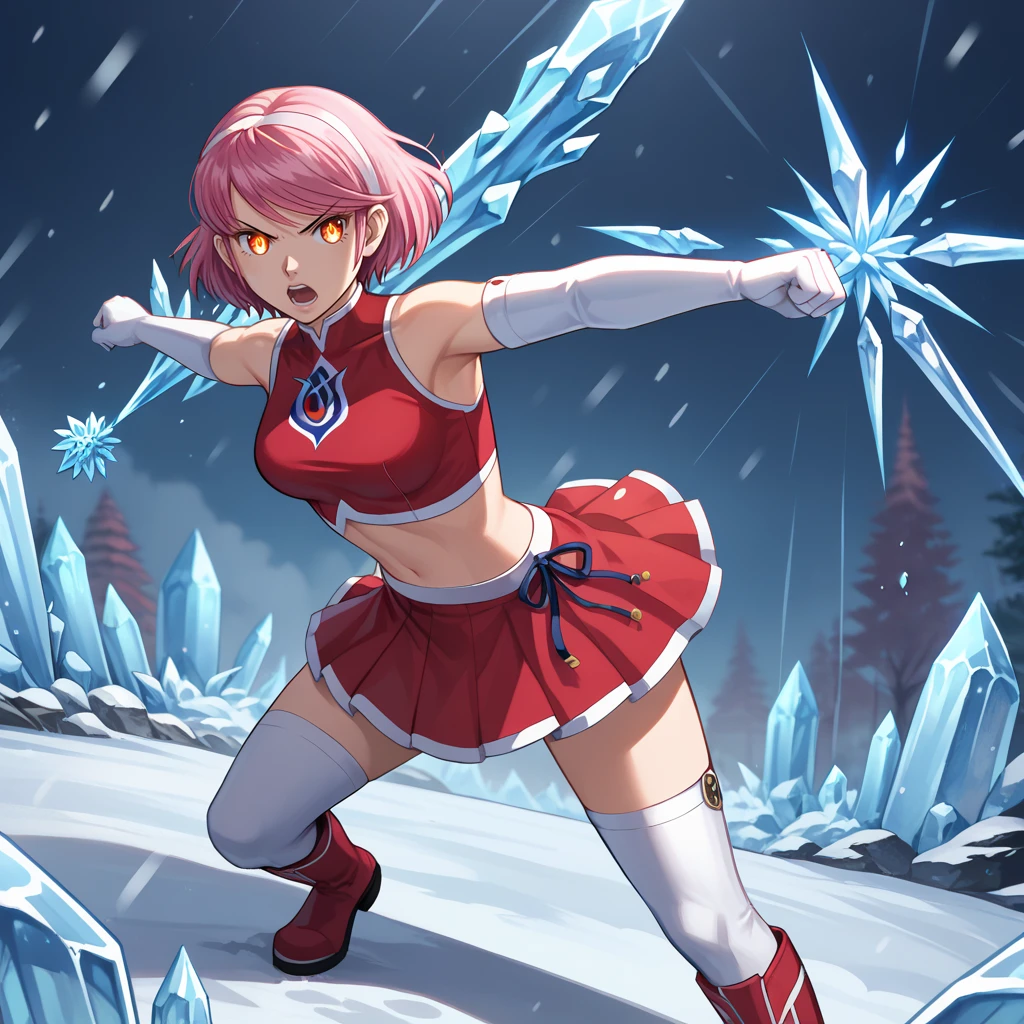 score_9, score_8_up, score_7_up,  1girl, solo, uncensored, rinshirosaki, serious, open mouth, fighting stance, flaming eyes, short pink hair, red crop top, white elbow gloves, red skirt, white thigh boots, outdoors, snowstorm, ice, icicles <lora:RinShirosakiXL_v1.0:1>