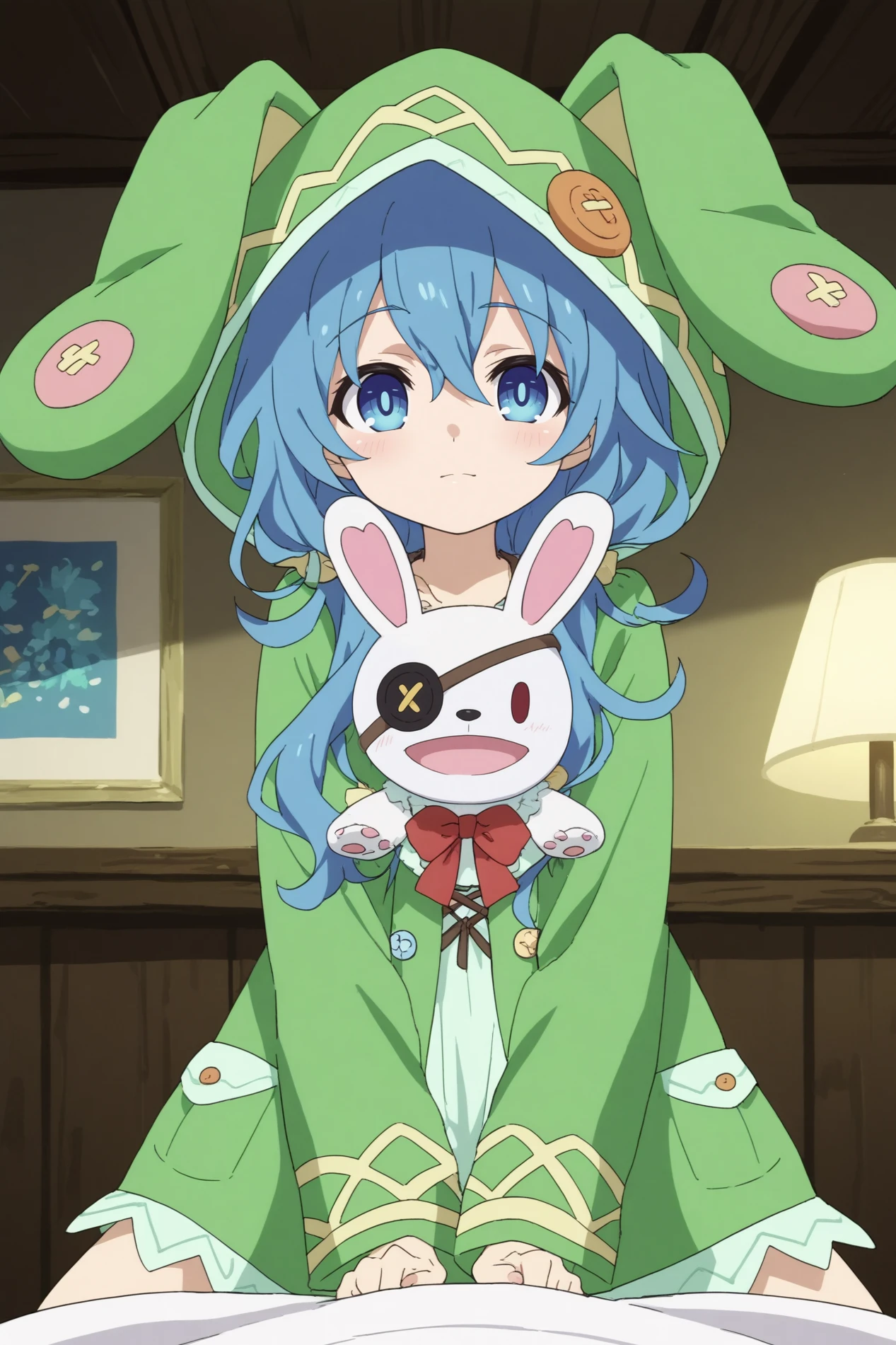 1girl,solo,yoshino,long hair,hood,animal hood,looking at viewer,hat,animal ears,stuffed toy,puppet,hand puppet,coat <lora:Yoshino_-_Date_a_live:0.8>