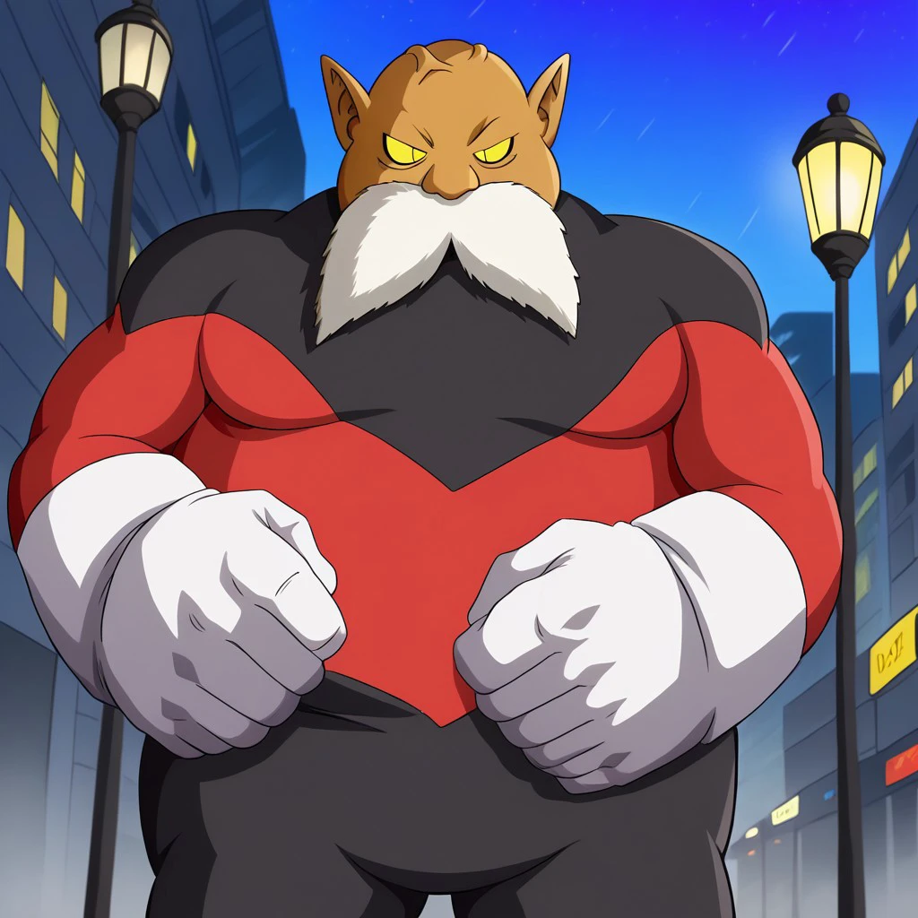 male, solo, muscular, big white mustache, anthropomorphic male, ears
yellow eyes, black dot eyes, large build, overweight, fat, brown skin, red and black suit, white gloves, white simple bots, big hands, 4k, masterpiece, best quality, detail background, leaning against a streetlamp, crossing his arms, looking at the sky, with a rainy city street and umbrellas around him, hands on waist, upper body, worm's eye view, low angle, close up, looking down