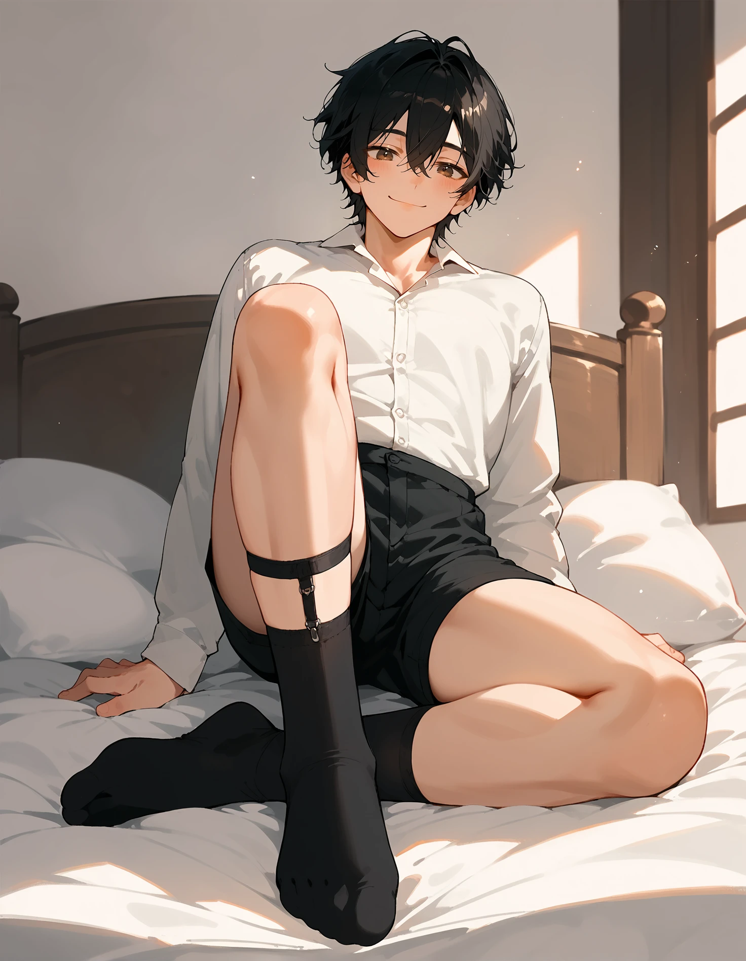 <lora:AFAE:1> (full body:1.4)
score_8_up, score_7_up, score_6_up, source_anime, 1boy, solo, bedroom, on bed, from below, thigh focus
smile, bishounen, black hair, hair between eyes,
sock garter , black socks, 
black shorts, white shirt, collared shirt <lora:Sock_Garter:1>