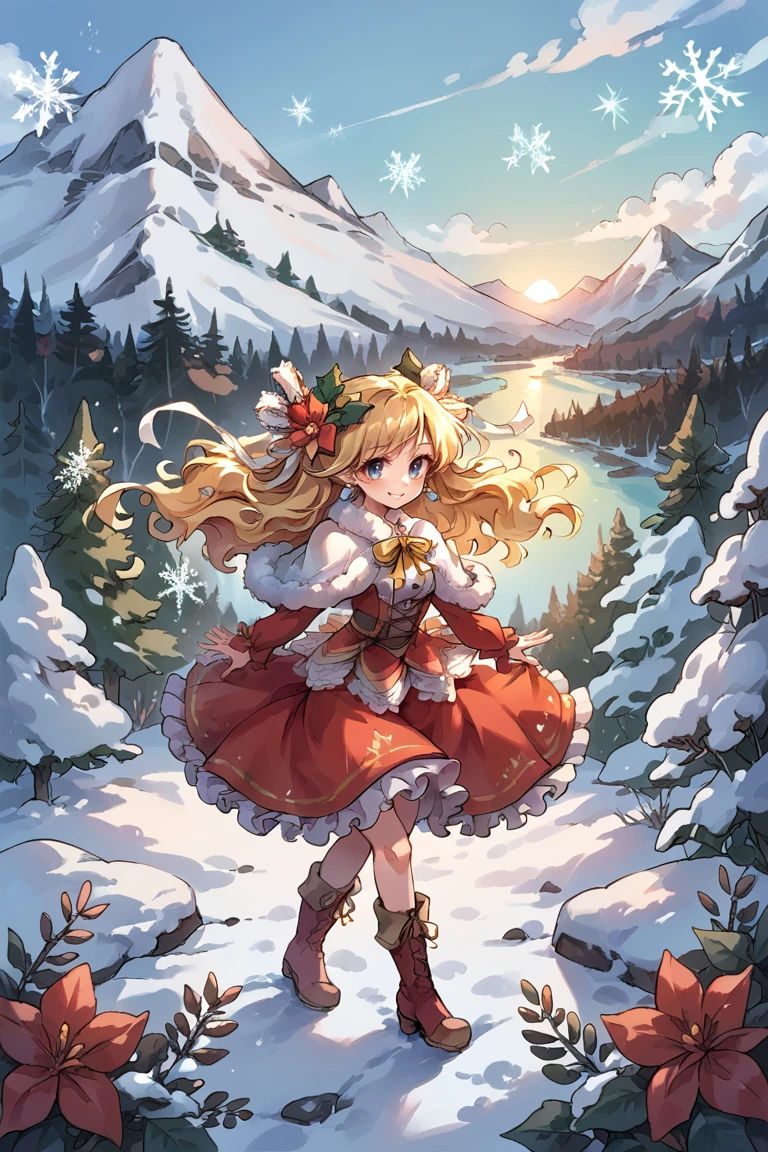 (score_9, score_8_up, score_7_up), source anime,   <lora:backgroundsetXL:0.2> , background,  scenery, nature, winter, snow, snowflakes, sparkles, glitter, fairies, outdoors, trees, mountain, BREAK
<lora:Priscilla:0.7> , prdef, 1girl, blonde hair, blue eyes, long hair, flower, hair ornament, hair ribbon, white hair ribbon, neck ribbon, yellow neck ribbon, hair flower, earrings, capelet, fur-trimmed capelet, dress, red dress, layered dress, frilled dress, red sleeves, white shirt, frills, ruffles, lace, boots, full body, smile, christmas (theme),  looking at viewer,   <lora:sxz-bqt-smol-pdxl:0.6> , bqt style,