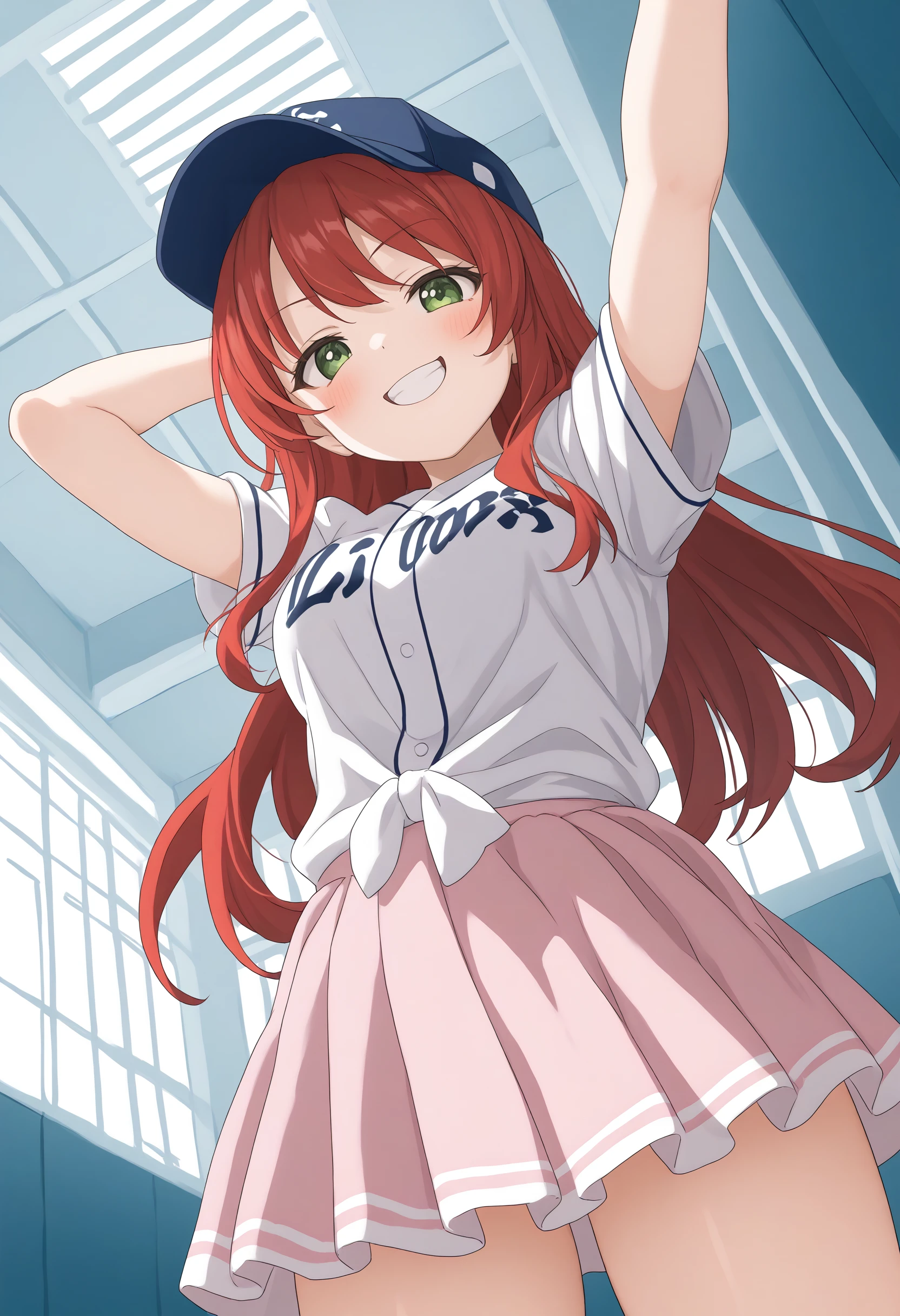 (masterpiece:0.7), (best quality:1.1),
(by sincos:0.5),(by ningen mame:0.5),(by toosaka asagi:0.5),
1girl,solo,medium breasts,
seibu,baseball uniform, clothes writing, short sleeves,pink skirt, thighs  ,open jacket, baseball cap, <lora:lions_Pony_v1:0.7>
from below, wide shot, looking at viewer, red hair, green eyes,seductive grin smug, entrance, open mouth, bow-shaped hair,,