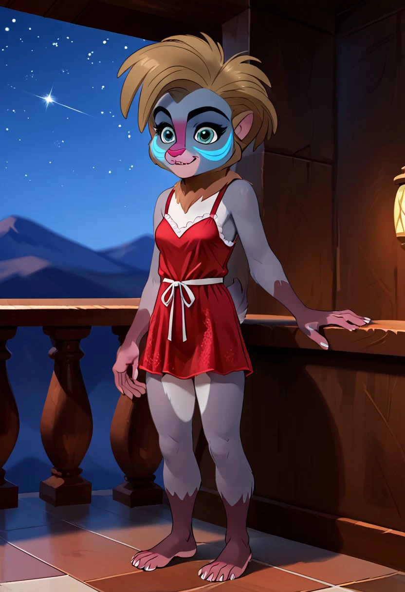 score_9, score_8_up, score_7_up, (((Barefoot furry character, full body, cinematic setting, furry female, plantigrade)))
mandrill girl, anthro Makini (((wearing red nightgowns))), standing on the balcony of spa (((hotel))) and looking at night sky full of stars