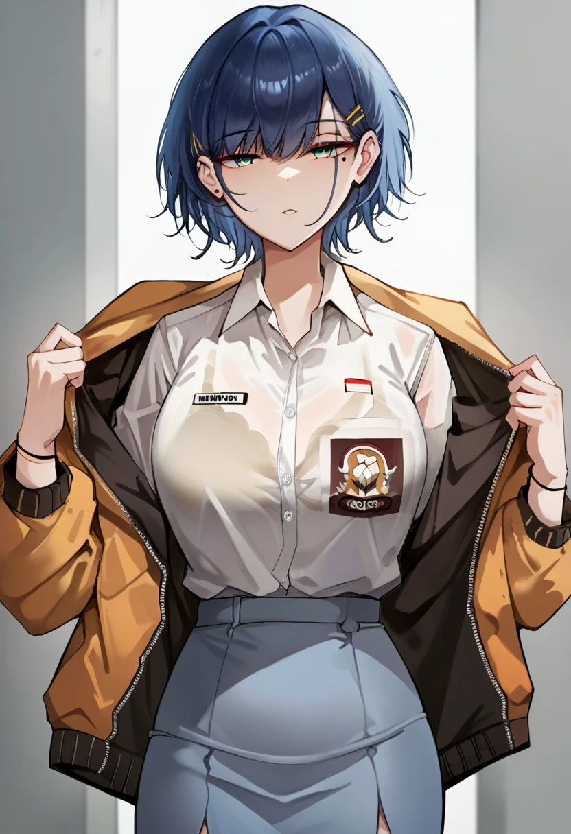 score_9, score_8, score_7, source_anime, indonesian school uniform, bra visible through clothes, underwear, bra, long sleeves, hairclip, mole under eye, parted lips, jacket, bracelet, uniform