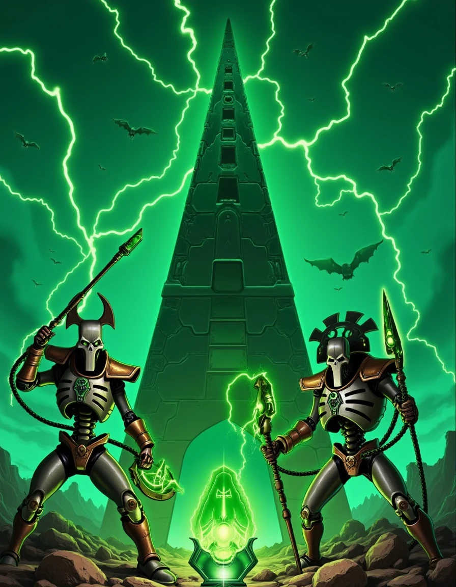 In bright Pixar animation, two Necrons, wielding glowing weapons, stand guard before a towering obsidian pyramid. Green lightning shoots down from the churning sky as their expressions show fierce, cartoonish determination.