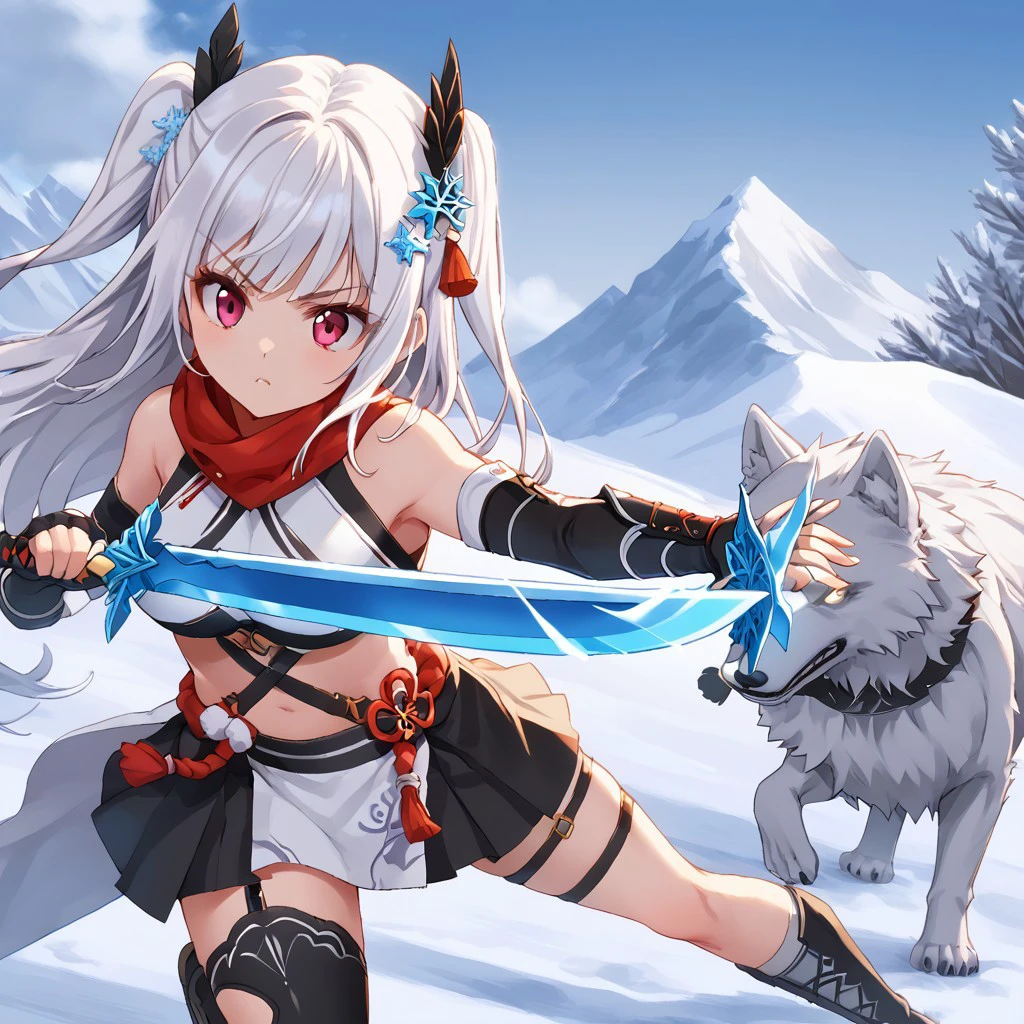 Elbow gloves, bikini, hair ornament, long hair, single thighhigh, bangs,sword, fighting wolf, battle pose,hand hold sword, Snowy mountain background