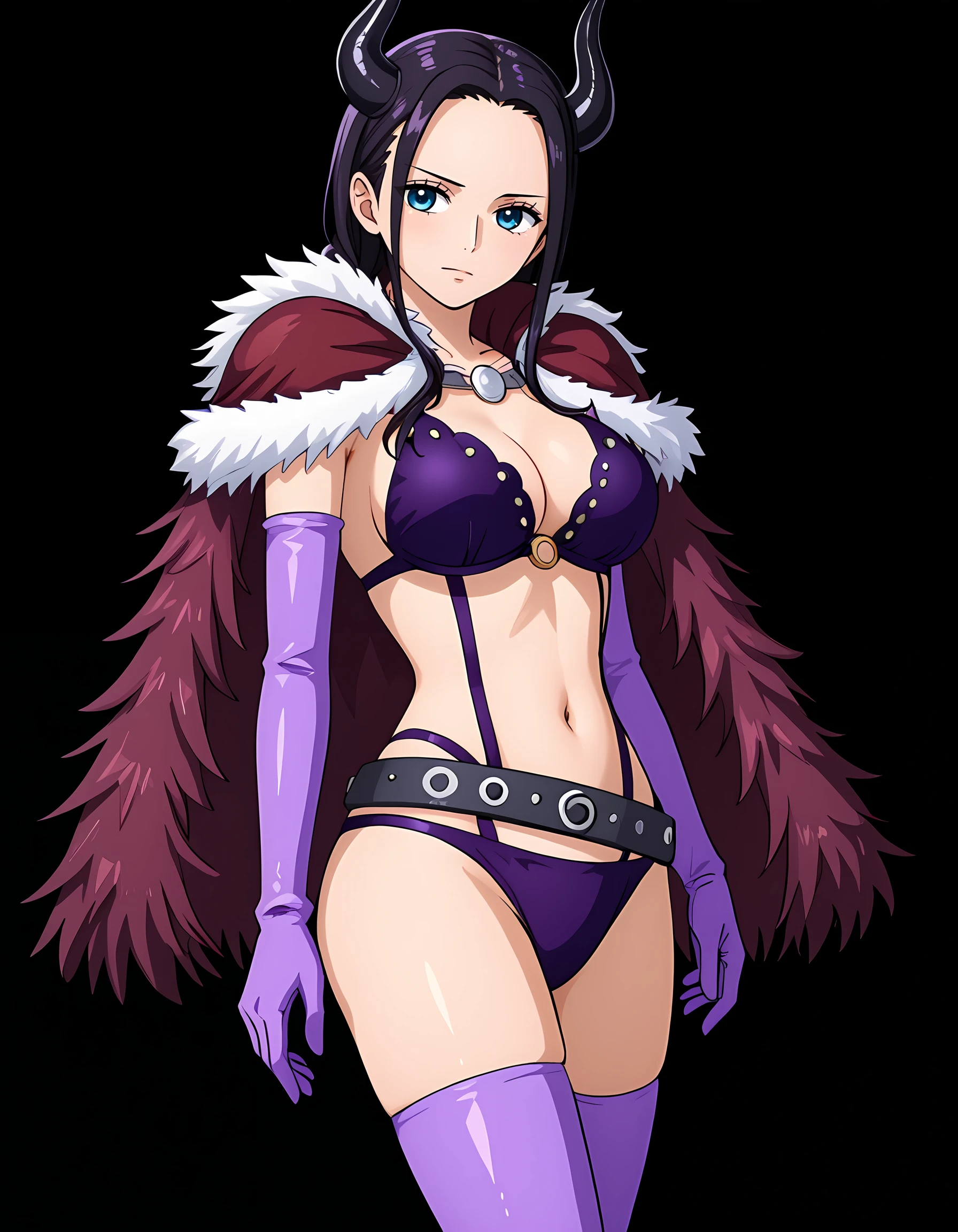 <lora:Nico_Robin:1>, n1corobin, 1girl, solo, simple black background
onigashima-outfit, horns, navel, fur cape, boots, purple gloves, thighhighs, purple bikini, elbow gloves, belt, midriff, fur trim,
looking at viewer, side view