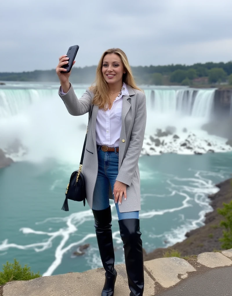 Laure Sainclair is wearing abuttondown shirt, tight jeans, highheel highboots. She is taking a selfie in front of the niagara falls <lora:Laure_Sainclair:0.9>