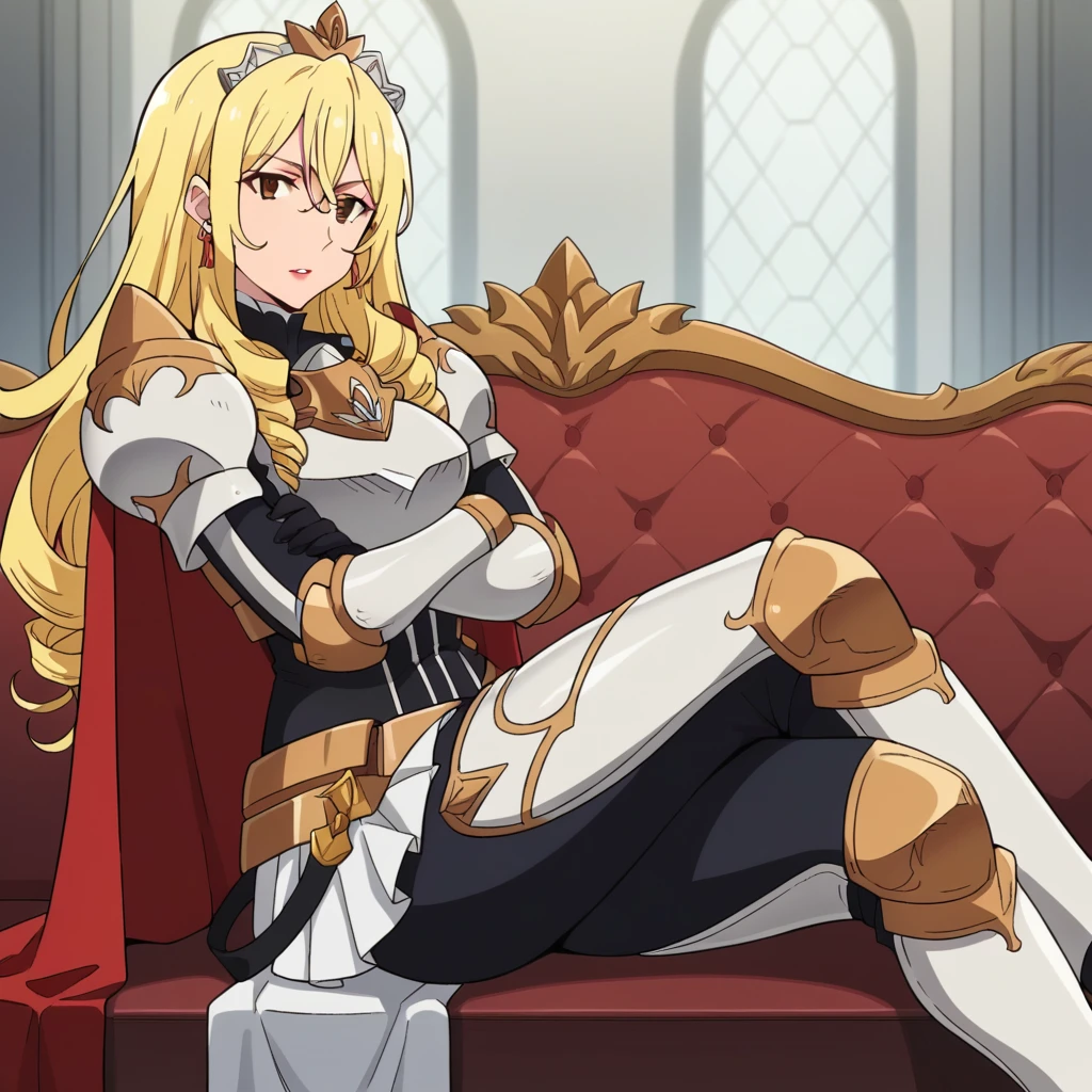 score_9_up, score_8_up, score_7_up, source_anime, 1girl, solo, Bozes, castle interior, sitting on couch, crossed legs, looking at you, scorn expression, parted lips, crossed arms, from side, angled shot, brown eyes, long hair, blonde hair, drill hair, gloves, tiara, gauntlets, turtleneck, white armor, jewelry, earrings, red inner cape, white cape, lipstick, red lips, belt, black corset, black pantyhose, black pantyhose, gold knee pads, gold trim, thigh boots, armored boots, black gloves, pauldrons, pleated skirt, white skirt, breastplate, shoulder armor, mature body, dynamic cowboy shot, indoors, luxurious background