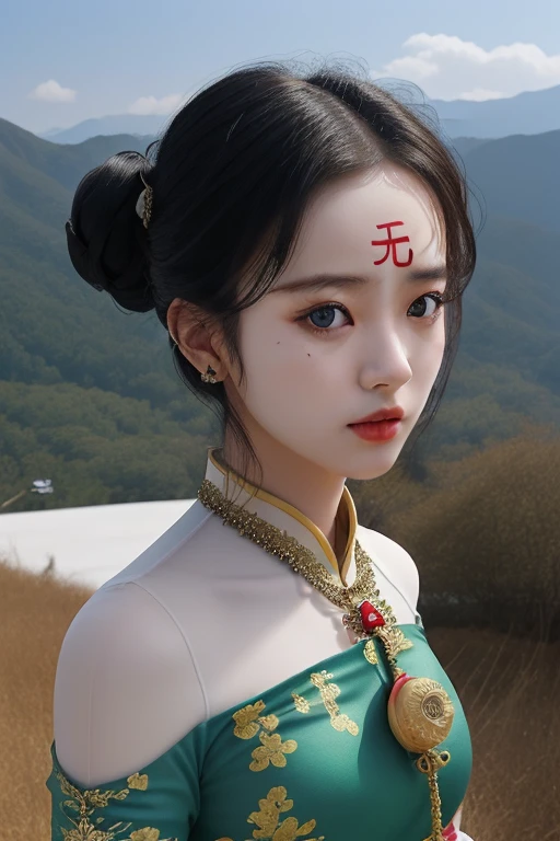 ((无)), ((无)), ((无)), forehead, close-up, upper body, 1girl, updo, tibetan dress, hilltop, sky, <lora:无:1>