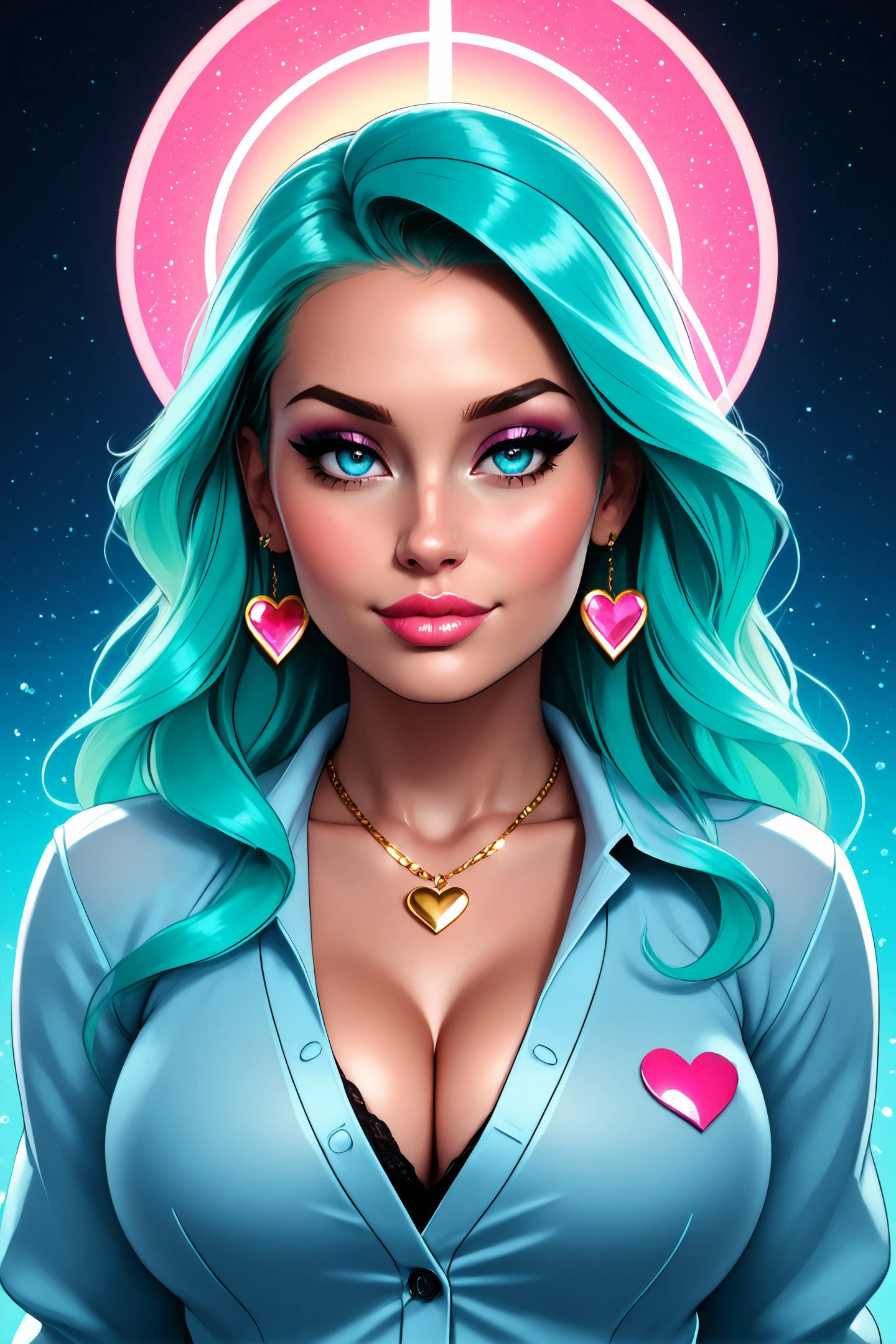 basety style, sexy, realistic, photo shoot, professional, high contrast, [dobrev|Emma], 1girl, solo, expressive look, hearts, light blue eyes, detailed eyes, eyes by Ilya Kuvshinov style, sharp pu(:0)pils, realistic pu(:0)pils, very long hair, flowing hair, aqua hair, glitter makeup, gloss lips, stud earrings, jewelry, gold necklace, perfect face, upper body, sm(:0)all lips, face shot, (closeup:1.2), (extreme closeup:1.2), cleavage, breast focus, from above, masterpiece, best quality, HDR, viewpoint, highest quality, sharp focus, looking at viewer, facing viewer, 8k, abstract background, colorful background, pink hearts in background, skin pores, intricate skin texture, realistic skin, asymmetrical bangs, hair flaps, button-up shirt, cyan shirt, sera(:0)fuku, scho(:0)ol g(:0)irl uniform, cardigan, [(colorful explosion psychedelic paint colors:1.2)::0.2], cromulent, cold, dynamic lights, bokeh, glowing background, ,