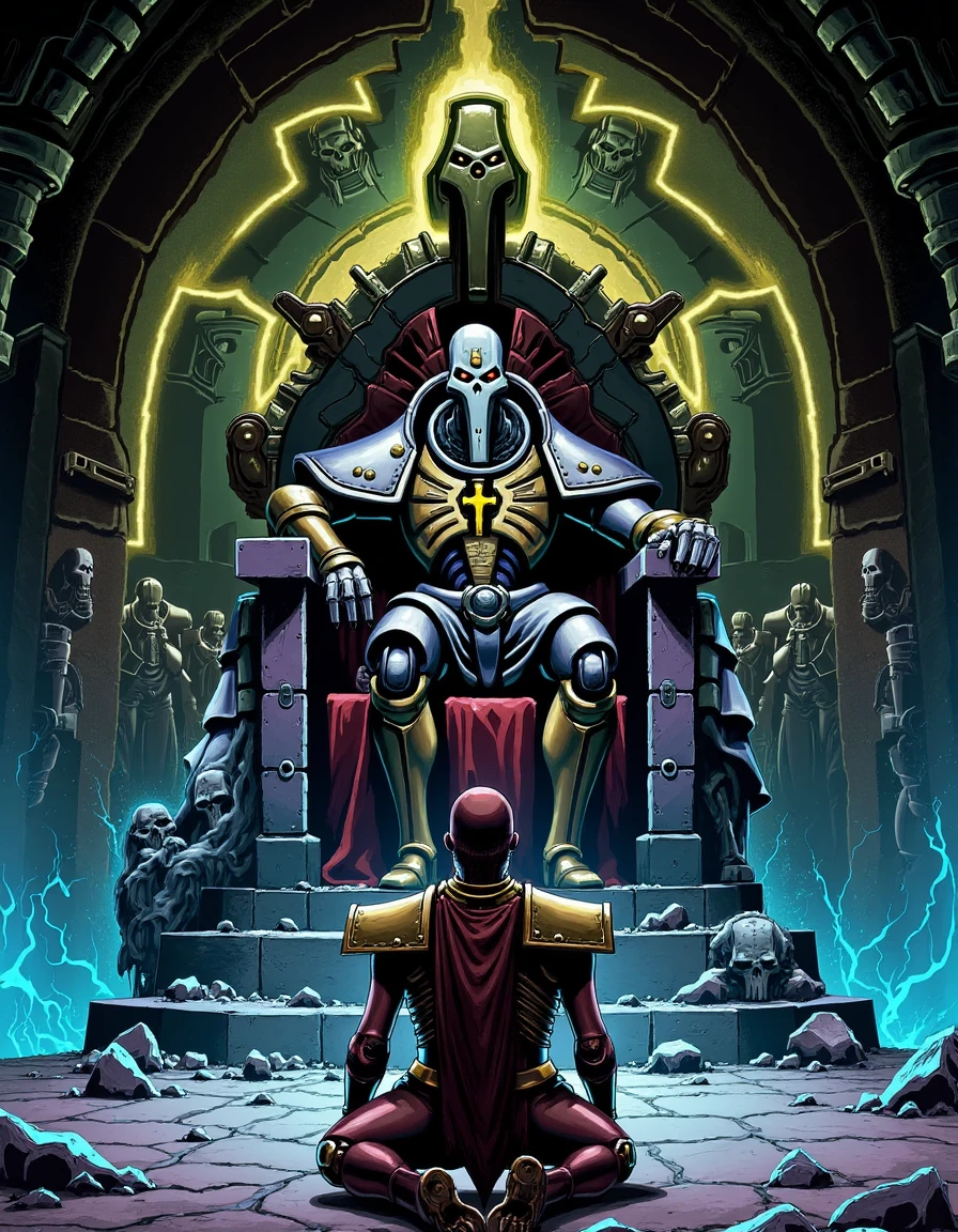 In graphic novel style, a Necron kneels before a glowing throne deep within a tomb. The cold, emotionless figure seated on the throne radiates power, the lines sharp and the atmosphere menacing in each frame.