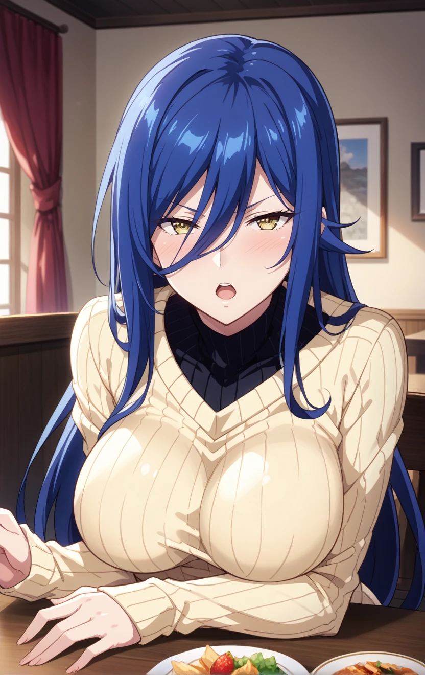 highschoolddKalawarnar, best quality, masterpiece, uncensored, 1girl,solo,
long hair, hair between eyes,yellow eyes,half closed eyes,glaring,blue hair, shiny skin,breasts,long sleeves,sweater,indoors,table,food,sitting chair,happy,looking at viewer,pov, ,open mouth  ,elbow on table ,blush,,upper body  ,<lora:HighSchoolDDKalawarnar4thtail_9:1>