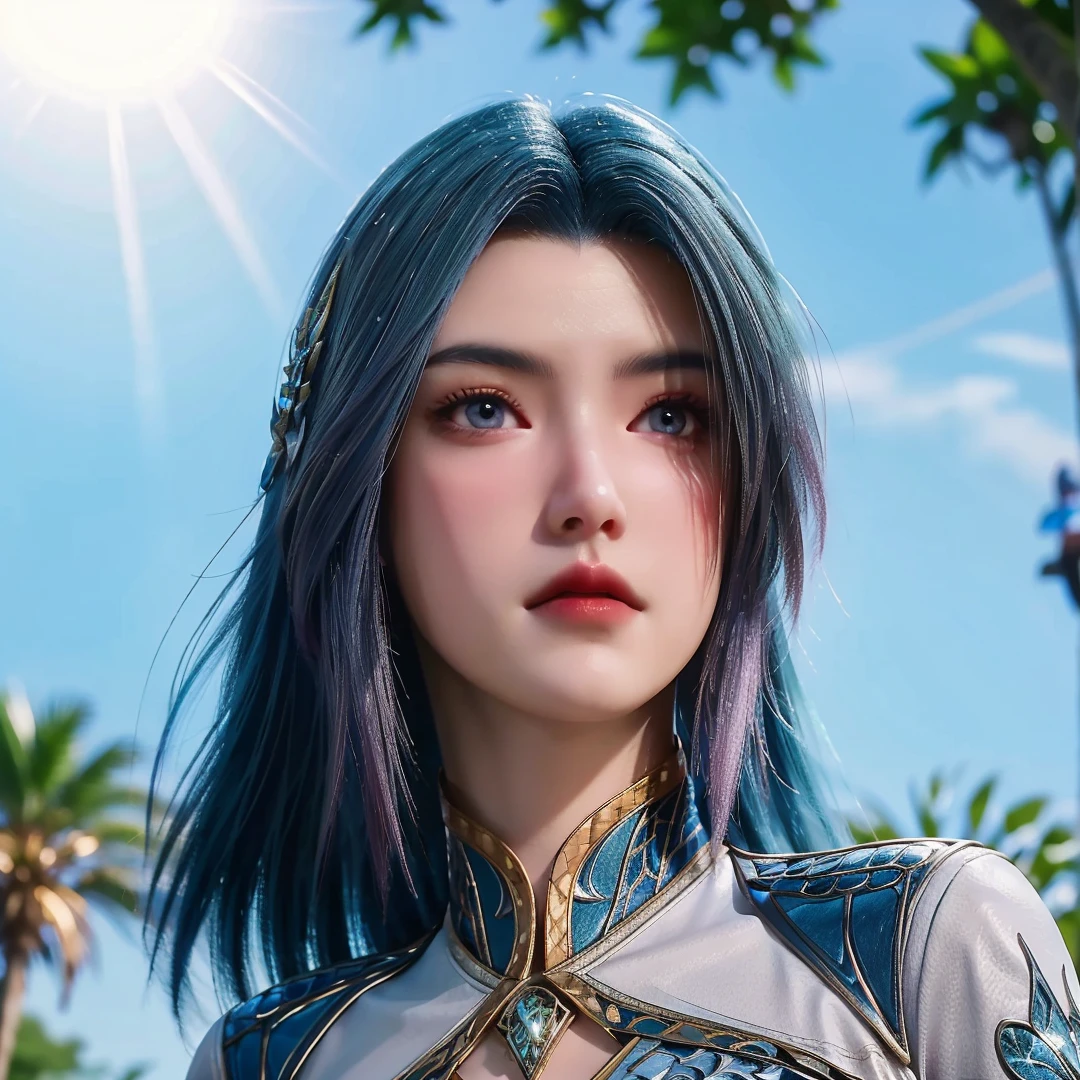 1girl,solo,long hair,blue hair,gradient hair,hair ornament,blue eyes,closed mouth,dress,(looking at viewer),from below,blurry,outdoors,day,sky,((glowing)),fluorescent butterfly dancing,(scenery),street,portrait,Highly detailed,(ultra-detailed),(best quality,masterpiece:1.5),<lora:20240929-1727556316199:0.65>,