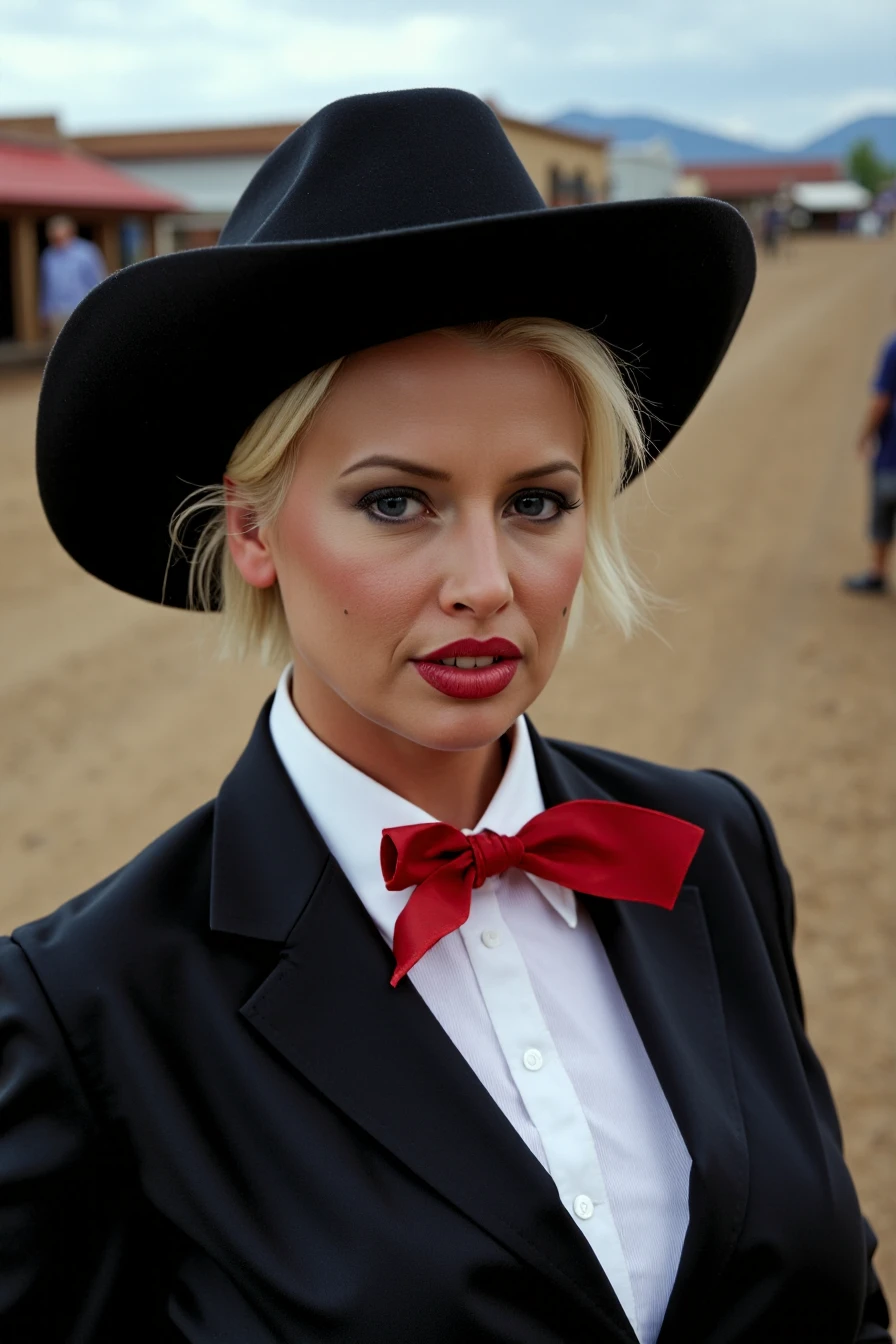 <lora:Sarenna_Lee_Flux:1.05> professional photo, close-up portrait of a 40yo woman in a cowboy outfit as a bounty hunter from the 1880s, cinematic, dark mood, 1880s western town or ranch in the background, bokeh