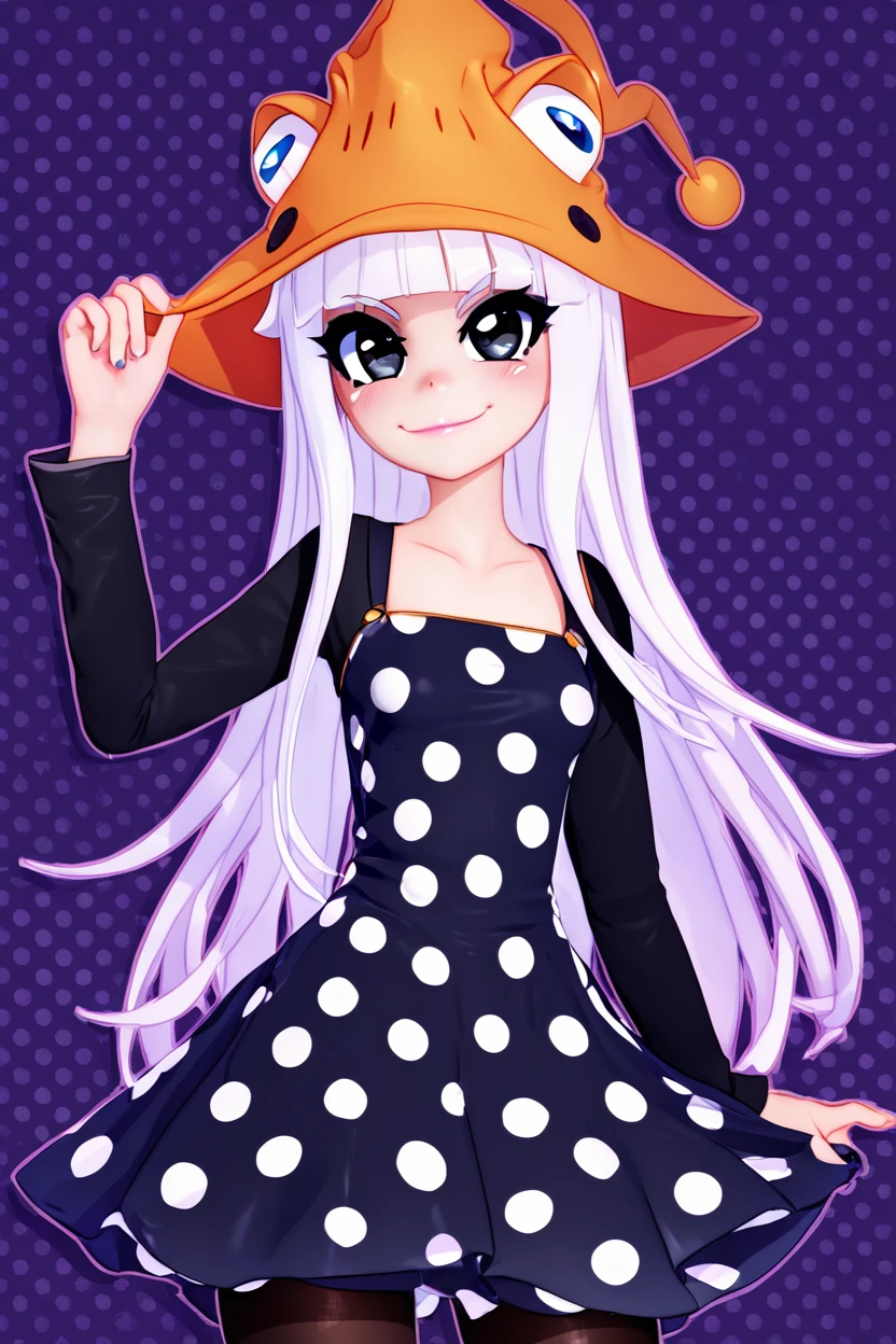 score_9, score_8_up, score_8, medium breasts, (curvy), cute, eyelashes,       BREAK, , zzEruka, black eyes, white hair, blunt bangs, long hair, orange hat, polka dot dress, black dress, black sleeves, pantyhose,    <lora:ErukaFrog_SoulEater_PDXL_v2:1.0>, , BREAK, smile, closed mouth, looking at viewer, cowboy shot,  ,,, embedding:zPDXL, Expressiveh, ,,, <lora:MantisStyle_PDXL_v2:0.8>, <lora:SDXLFaeTastic2400:0.5>, <lora:Expressive_H-000001:0.4>,