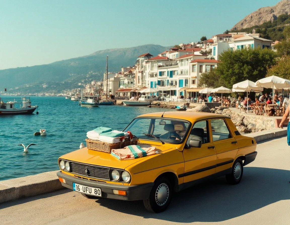 This is a vintage photo from 1970's. Parked near the edge of a quaint seaside town along the Aegean coast, a Renault 12 Toros is framed against the backdrop of turquoise waters and traditional whitewashed houses with blue shutters. The scene is serene, with fishing boats bobbing gently in the harbor and seagulls circling overhead. The Toros, slightly weathered from years of use but still reliable, stands proudly near a small cafÃ© where locals sip tea and play backgammon. The car's backseat is filled with beach gearâumbrellas, towels, and a basket of snacksâsuggesting a relaxed day by the sea. Late afternoon sunlight casts long shadows, giving the scene a dreamy, laid-back atmosphere. The view is captured from a slight distance, focusing on the Toros while allowing the beauty of the town and sea to fill the frame, blending the charm of coastal Turkey with the timeless appeal of this beloved car. "16 UFU 80" is written on the license plate. There's a driver in the car.
 <lora:uai_R12Toros_v104:1>