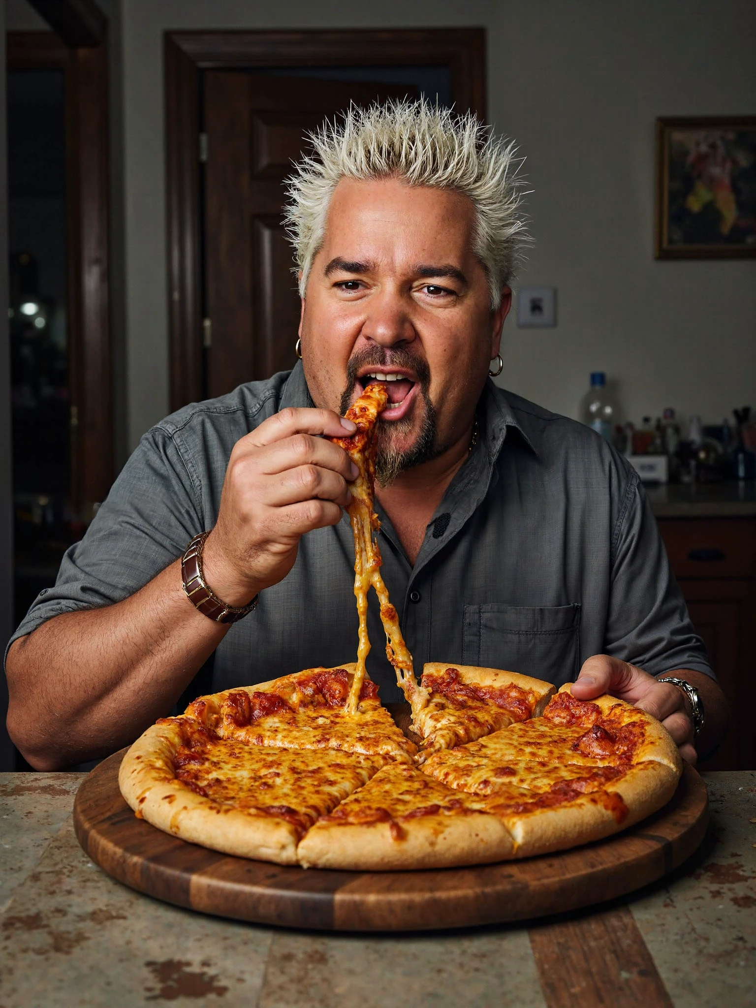 Guy Fieri man eating cheese pizza, in an old dirty apartment, at night, disgusting, 