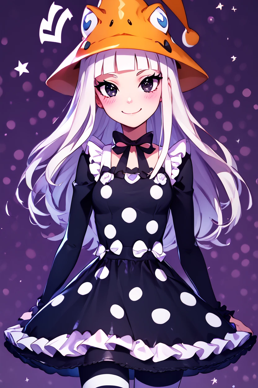 score_9, score_8_up, score_8, medium breasts, (curvy), cute, eyelashes,       BREAK, , zzEruka, black eyes, white hair, blunt bangs, long hair, orange hat, polka dot dress, black dress, black sleeves, pantyhose,    <lora:ErukaFrog_SoulEater_PDXL_v2:1.0>, , BREAK, closed mouth, alternate costume, smile, looking at viewer, blush, ,,, zzLFashion, frilled dress, frills, bow, dress, striped thighhighs, sweetL, cowboy shot, ,,, embedding:zPDXL, Expressiveh, ,,, <lora:Vivid:0.7>, <lora:LFashionPDXL:1>, <lora:Uncensored_PonyXL_cpt_v02.09:0.4>, <lora:Expressive_H-000001:0.4>,