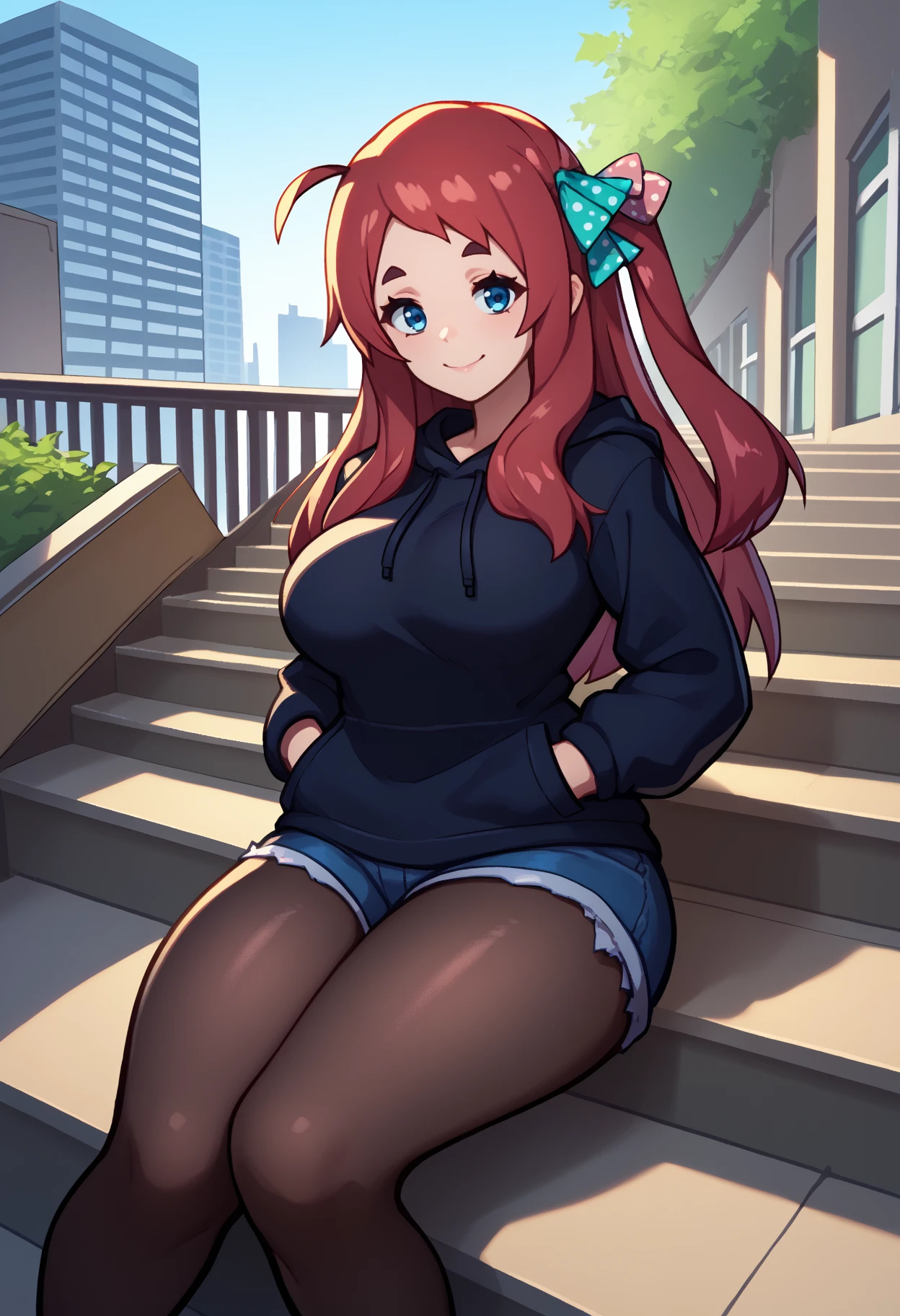 score_9, score_8_up, score_7_up, <break> solo, 1girl, skrmnmoto, light smile, looking at you, sitting, stairs, hands in pockets, long hair, red hair, ahoge, one side up, hair bow, polka dot bow, blue eyes, black hoodie, blue shorts, denim shorts, black pantyhose, large breasts, outdoors, city
<segment:yolo-face_yolov8m.pt,0.4,0.5//cid=1>