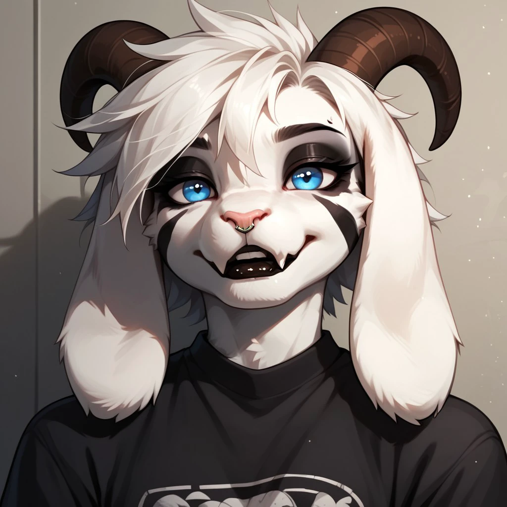 score_9, score_8_up, score_7_up, score_6_up, score_5_up, score_4_up, source_furry
anthro, solo,bust portrait, black shirt, PyroAz, goat, white fur, blue eyes, facial markings, eyeliner, white punk alt hair, black lipstick, brown horns, long floppy ears, indoors, detailed background,
 <lora:[oc] Pyro-000017:1>