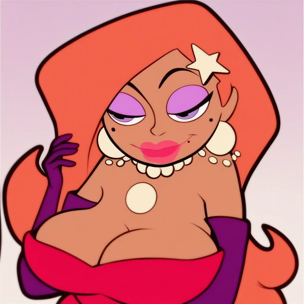 Score_9, score_8_up, score_7_up, f3m_c3leb_b3an, 1girl, 1boy, makeup, eyeshadow, mole, dress, breasts, dark skin, lipstick, elbow gloves, gloves, smile, cleavage, star (symbol), hair ornament, jewelry, mole under eye, orange hair, star hair ornament, necklace, large breasts, purple eyes, long hair, red dress, lips, pearl necklace