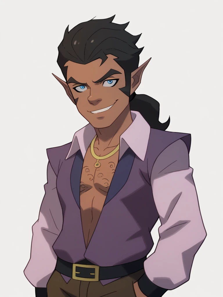 score_9, score_8_up, score_7_up, BREAK,
scanlan, 1boy, black hair, ponytail, blue eyes, dark skin,  pointy ears,
necklace, open shirt, chest hair, brown pants, shirt,
smile, solo, upper body, looking at viewer, solo, simple background, white background      <lora:ScanlanXL_byKonan:1>