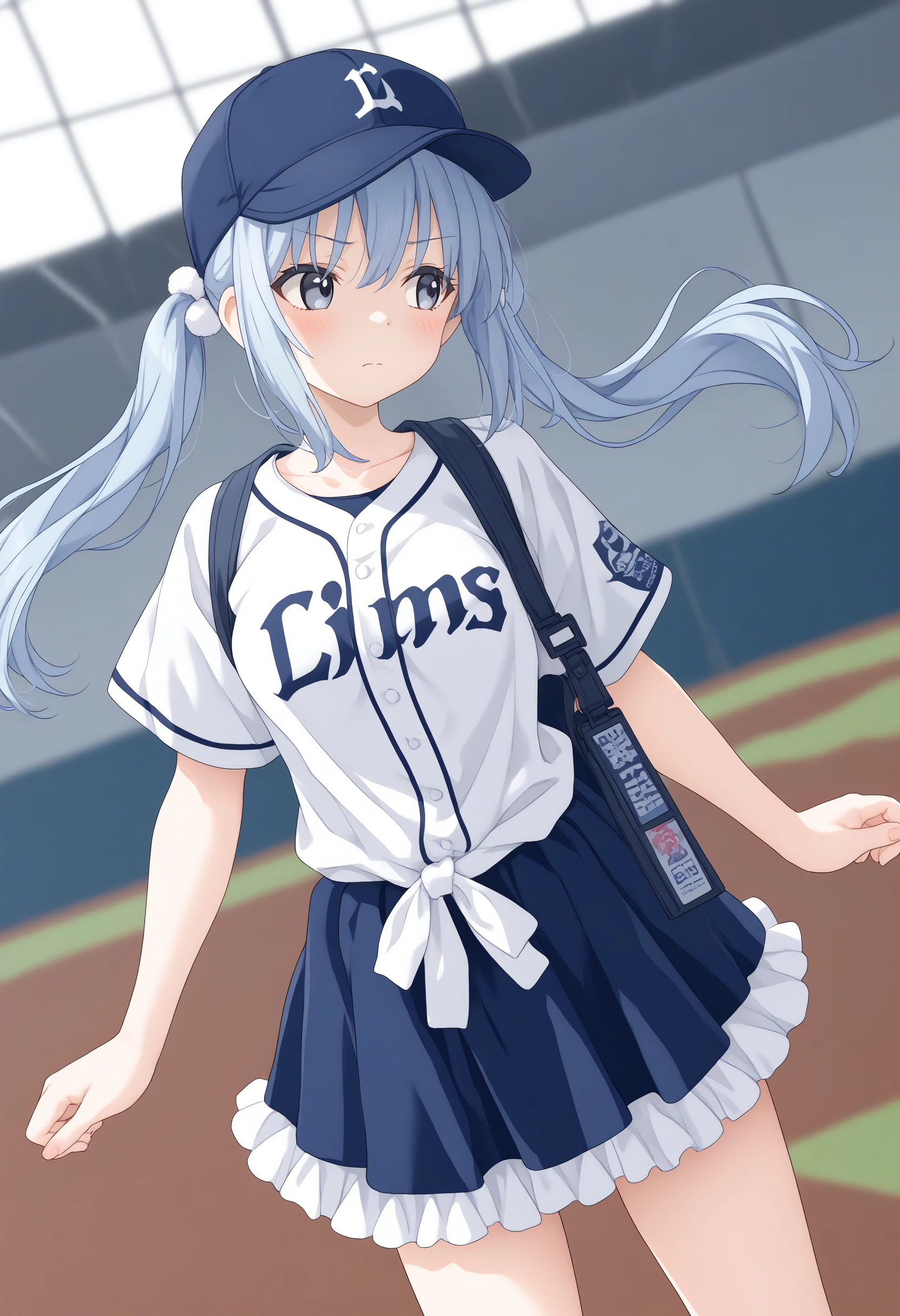 (masterpiece:0.7), (best quality:1.1),
(by sincos:0.5),(by ningen mame:0.5),(by toosaka asagi:0.5),
1girl,solo,medium breasts,
seibu,baseball uniform, clothes writing, short sleeves,frilled skirt, thighs  ,open jacket, baseball cap, <lora:lions_Pony_v1:0.7>
dutch angle, upper body, looking to the side, blue hair, white eyes,evil, rural stations, closed mouth, twintails hair,,