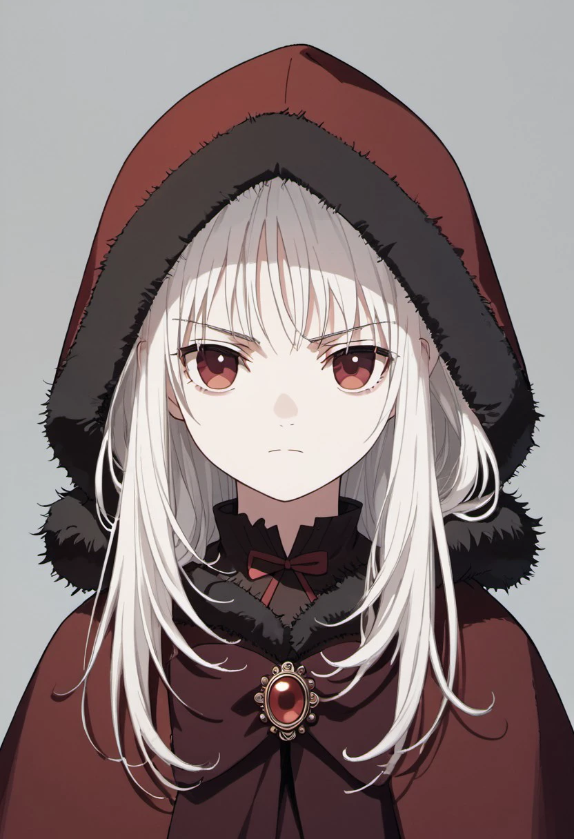 score_9, score_8_up, score_7_up, source_anime,kushina anna, white hair, long hair, red eyes, 1girl, solo, fur trim, hood down, closed mouth, serious, fur-trimmed hood, dot nose, hood, expressionless, floating hair, looking at viewer