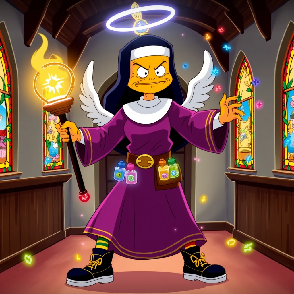 Cartoon-style illustration of a spell-casting nun character. The nun has a friendly, determined expression and is in a dynamic spell-casting pose.
Character details:

Traditional nun's habit, but in vibrant purple with gold trim
Habit is shorter than usual, revealing colorful striped socks and sturdy boots
Wears a utility belt filled with potion vials and spell scrolls
Magical staff topped with a glowing cross

Magical elements:

Colorful magical runes floating around her hands
A halo above her head that looks like a rotating gear
Small angelic wings sprouting from her back, fluttering rapidly

Background:
Inside a whimsical, cartoon version of a chapel. Stained glass windows depict funny scenes from video games or pop culture.
Art style:
Bold outlines, bright colors, and exaggerated proportions typical of modern cartoons. Slightly rounded edges for a friendly appearance.
The scene captures the nun mid-spell, with a speech bubble saying "By the power of pizza and prayer!