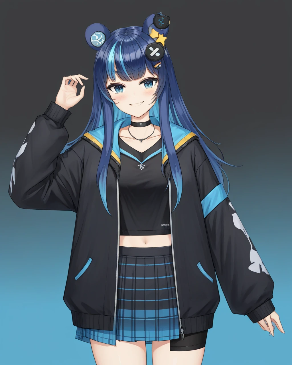 uruka, original outfit, animal ears, bangs,blue hair, choker, skirt, collarbone, crop top, hair ornament, black jacket,long hair, long sleeves, looking at viewer, multicolored hair, open clothes, shirt, sleeves past wrists, smile, solo, upper body, virtual youtuber, anime drawing, gradient background,
 <lora:URUKA-XLv2-t1:0.6>