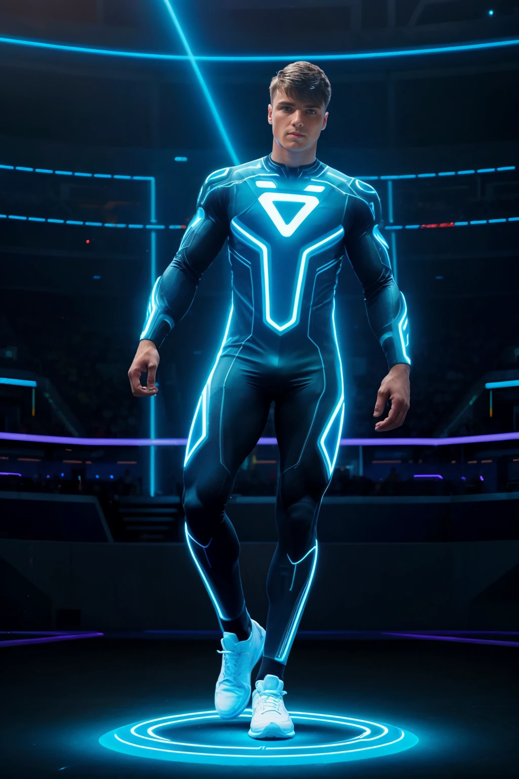 futuristic, neon lighting, (arena stadium in the Tron video game), JuicyJC, wearing a Tron bodysuit, (dynamic pose), (male focus:1.2), ((full body portrait)), wide angle <lora:JuicyJC:0.8>