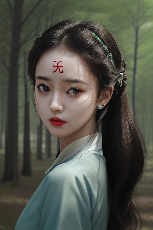 ((无)), ((无)), forehead, close-up, upper body, 1girl, a woman, updo, side swept, forest, <lora:无:1>