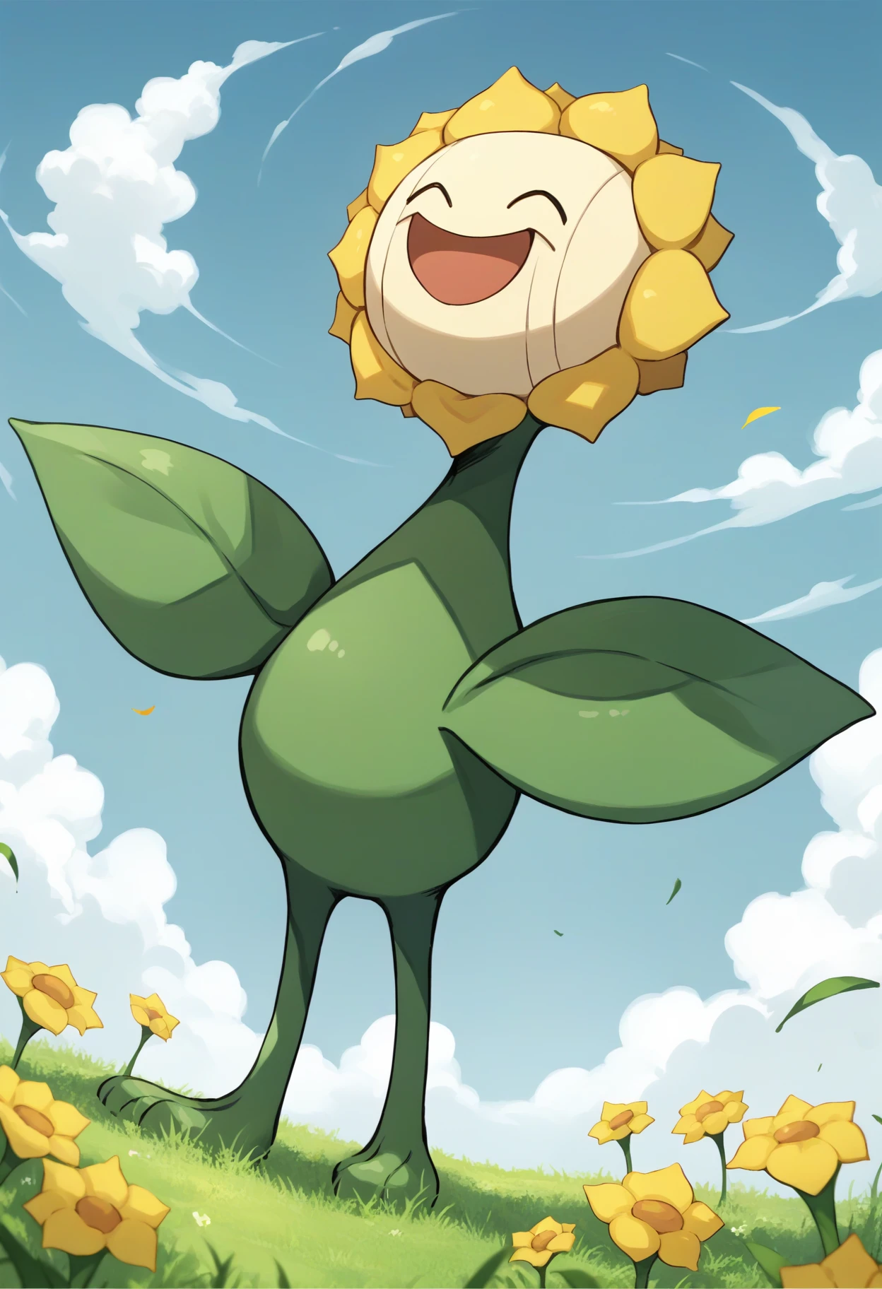 score_9, score_8_up, score_7_up, source_anime, full body, standing, <lora:SunfloraPKMN-pdxl:1> sfl0r, pokemon \(creature\), no humans, yellow flower, closed eyes, smile, happy, open mouth, grass, sky, cloud