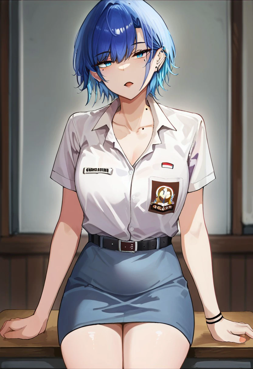 score_9, score_8, score_7, source_anime, indonesian school uniform, piercing, open mouth, ear piercing, miniskirt, dress shirt, collarbone, thighs, mole, belt, blue eyes