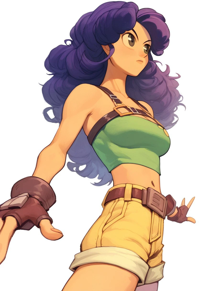 PonyScores7, source_anime, hi res, masterpiece, best quality, highres, garrett_hanna, 1girl, fingerless gloves, purple hair, long hair, crop top, navel, midriff, white background, simple background, medium breasts, belt, short shorts, bare shoulders, curly hair, yellow shorts, brown gloves, shirt