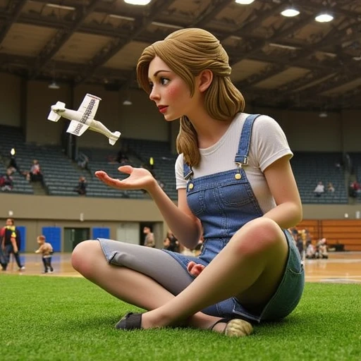 The image is a photograph set in what appears to be a gymnasium or sports facility, depicting a fantastical scene from the video game "The Legend of Zelda: Twilight Princess." The main subject is Princess Zelda, wavy brown locks that fall over her shoulders.Giant sexy woman, light skin, looking down at a miniature airplane. The airplane, three-dimensional figurine or statue of a woman, wearing a white and blue striped short-sleeve shirt and denim overalls. She is sitting on a grassy field, adorned with a scattering of freckles across her cheeks and nose. She gazes intently at a tiny