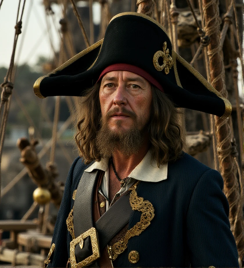 bokeh,  ((portrait photo)) , standing,   <lora:hector-barbossa-flux-b2rb0:1.3> b2rb0,  pirate peering into the distance.