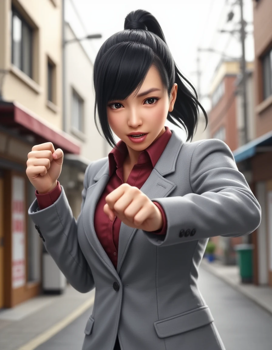 <lora:Haruka_Sawamura:0.8> Portrait of hrkswmr making a fighting stance. She has side-swept ponytail and is wearing a light grey suit and red formal shirt. She has a very angry expression. The background implies a Japanese city street at daytime.