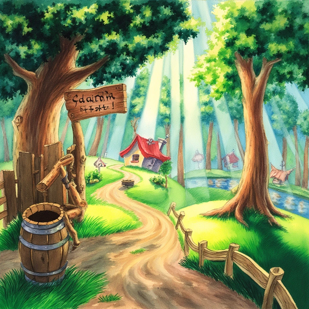 The PIVIG image style. This is a vibrant, whimsical watercolor painting depicting a fantastical, enchanted forest scene. The artwork features a winding dirt path, which snakes through the center of the composition, leading the viewer's eye towards the background. The path is bordered by lush, green grass and various wooden structures, giving the scene a slightly rustic, fairy-tale feel.

In the foreground, on the left side, there's a wooden signpost with a sign, weathered letters, leaning precariously against a large, gnarled tree. The signpost is attached to a wooden fence made from rough, splintered planks. Nearby, there's a wooden barrel with a large crack, adding to the scene's whimsical charm.

To the right, a tall tree with a thick trunk and dense foliage stands, its branches stretching outwards, casting dappled sunlight through the leaves. The sunlight filters through the canopy, creating a radiant effect with rays streaming down from the top right corner, illuminating the scene.

In the background, a series of small, rustic houses with red roofs are visible, nestled among the trees. The houses have small chimneys and are painted in bright, cheerful colors, contrasting with the natural tones of the forest.