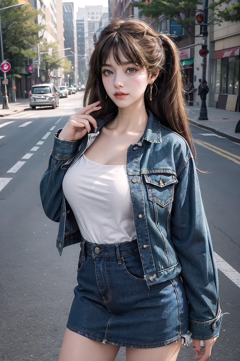 (masterpiece, best quality:1.2),illustration,8k,hd,1 girl,very long hair,solo,(collarbone:1.2),looking at viewer,twintails,
Common,denim jacket,jewelry,denim skirt,denim,earrings,blue jacket,blue skirt,big breasts,sleeves past wrists,long sleeves,white shirt,outdoors,day,lake,extremely detailed dress,crystalstexture skin,front view,