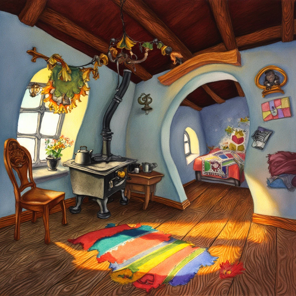 The PIVIG image style. This is a vibrant, whimsical illustration in a digital medium, depicting a cozy, fantastical room with a rustic, medieval charm. The room has a low ceiling with wooden beams, painted in a deep brown color, and walls painted in a soft blue hue. The floor is made of wooden planks, adding to the rustic feel. 

In the center, a small, ornate metal stove with a chimney pipe extends to the ceiling, adorned with a colorful, string of small, mashrooms. Above the stove, a small shelf holds a kettle, a small pot, and various cooking utensils. 

To the left, a wooden chair with intricate carvings rests near the wall, which is adorned with a colorful, striped rug that runs down the middle of the room. The rug features vibrant colors: red, yellow, green, blue, and orange stripes. 

On the right, a doorway leads to another room, visible through an archway. This room features a colorful, patterned blanket draped over a chair, and a wooden table with a vase on it. The walls of this room are decorated.