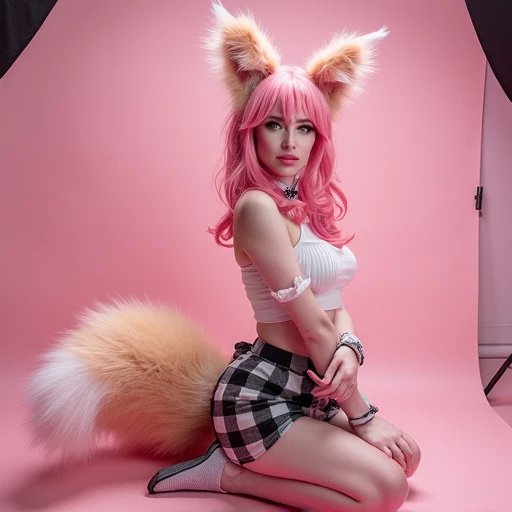 a photo of MCTamamo posing in a photo studio. She has pink hair and fox ears and a fox tail