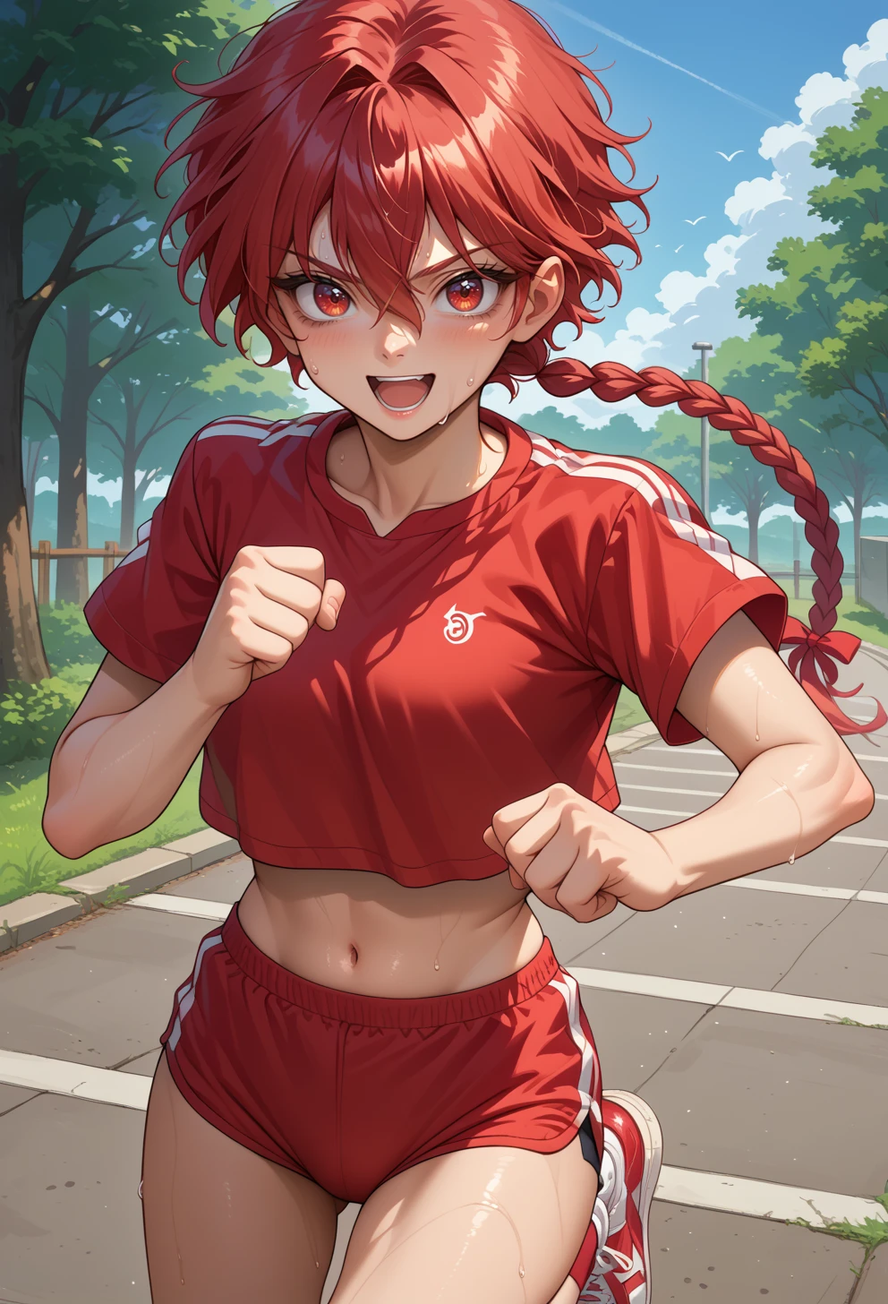 score_9, score_7_up, source_anime, BREAK (solo:1.3), <lora:AELucy:0.8>
AEHikaru, red eyes, red hair, hair between eyes, long hair, long braid, braided ponytail, single braid, hair ribbon, red ribbon,
smile, red buruma, red kneehighs, short sleeves, open mouth, knee up, outdoors, running, sneakers, crop top overhang,  sweat,