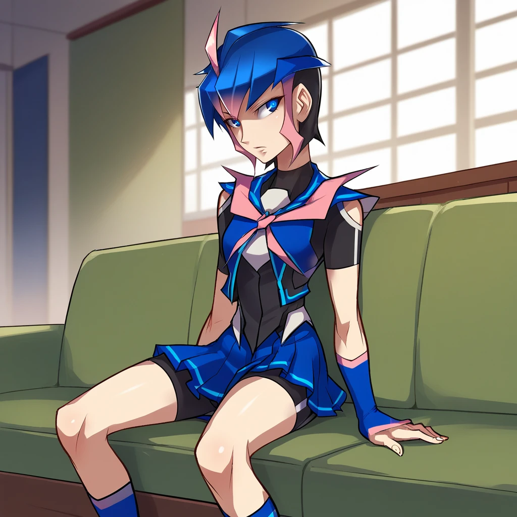 score_9_up, score_8_up, BREAK, Arcee, 1girl, solo, blue hair, short hair, blue eyes, school uniform, skirt, bike shorts under skirt, indoors, sitting on couch, <lora:Arcee_RYUSEI-R_PXL_Leaf1_r1:1>