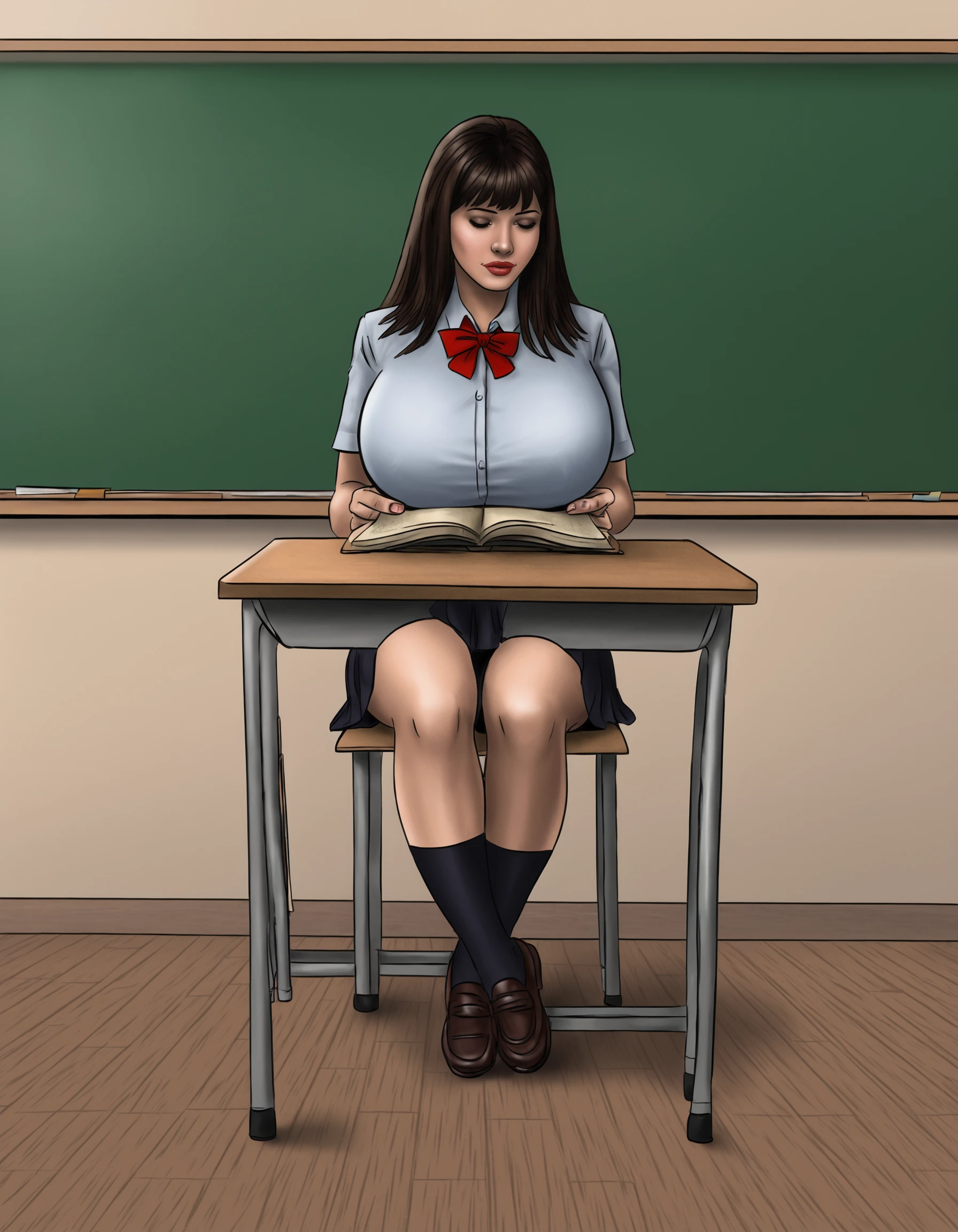 1girl, sitting, classroom, pleated skirt, school uniform, tall female, large breasts, solo, (hatching:1.3), reading, (book:0.6), (realistic:0.5), (photorealistic:0.4) <lora:Biggals-000018:1>