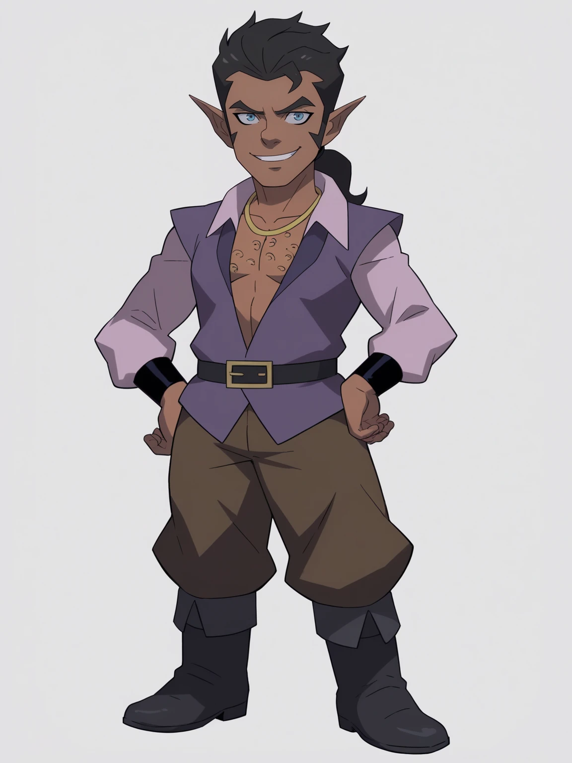 score_9, score_8_up, score_7_up, BREAK,
scanlan, 1boy, black hair, ponytail, blue eyes, dark skin,  pointy ears,
necklace, open shirt, chest hair, brown pants, shirt,
belt, boots,
hands on hips,
smile, solo, full body, looking at viewer, solo, simple background, white background      <lora:ScanlanXL_byKonan:1>