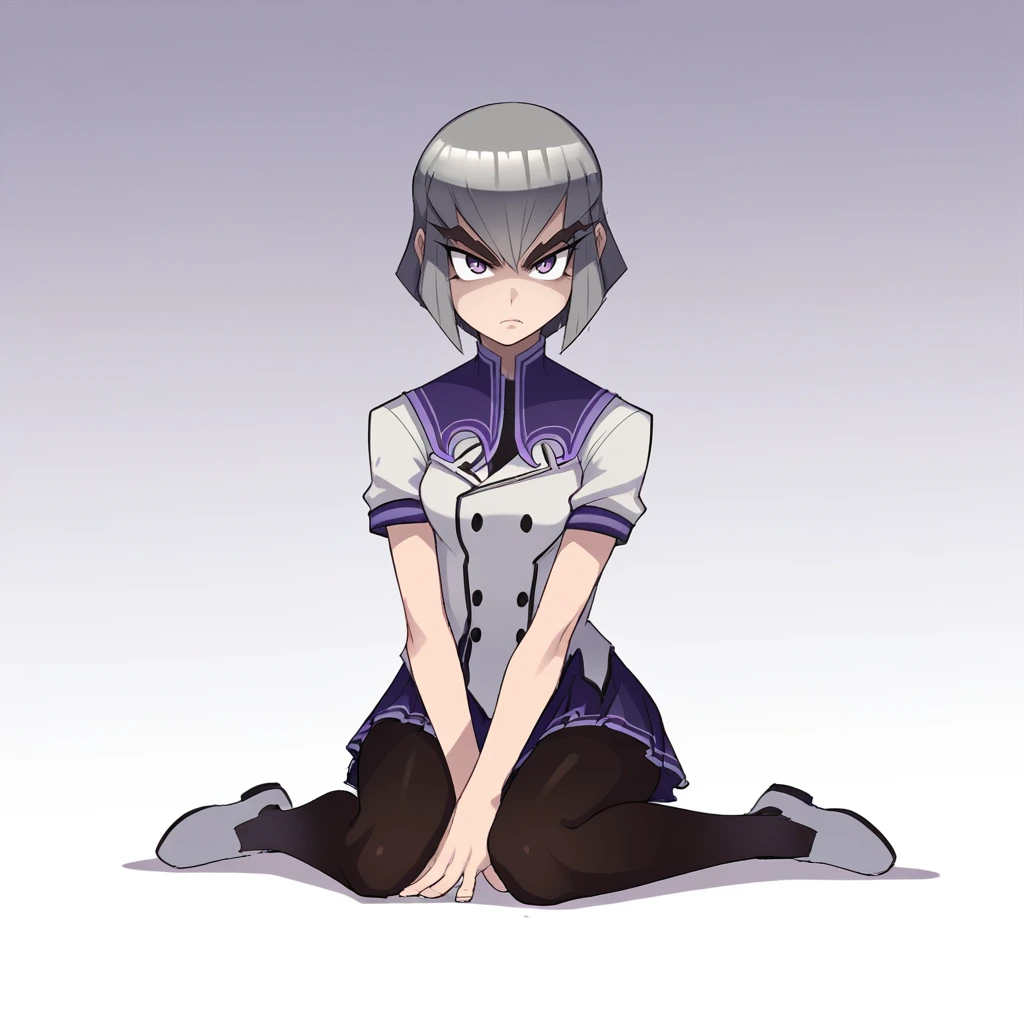 score_9_up, score_8_up, BREAK, Megatron, 1girl, solo, grey hair, short hair, purple eyes, thick eyebrows, school uniform, white shirt, skirt, black pantyhose, white footwear, <lora:Megatron_RYUSEI-R_PXL_Leaf3:1>, gradient background, sitting on floor