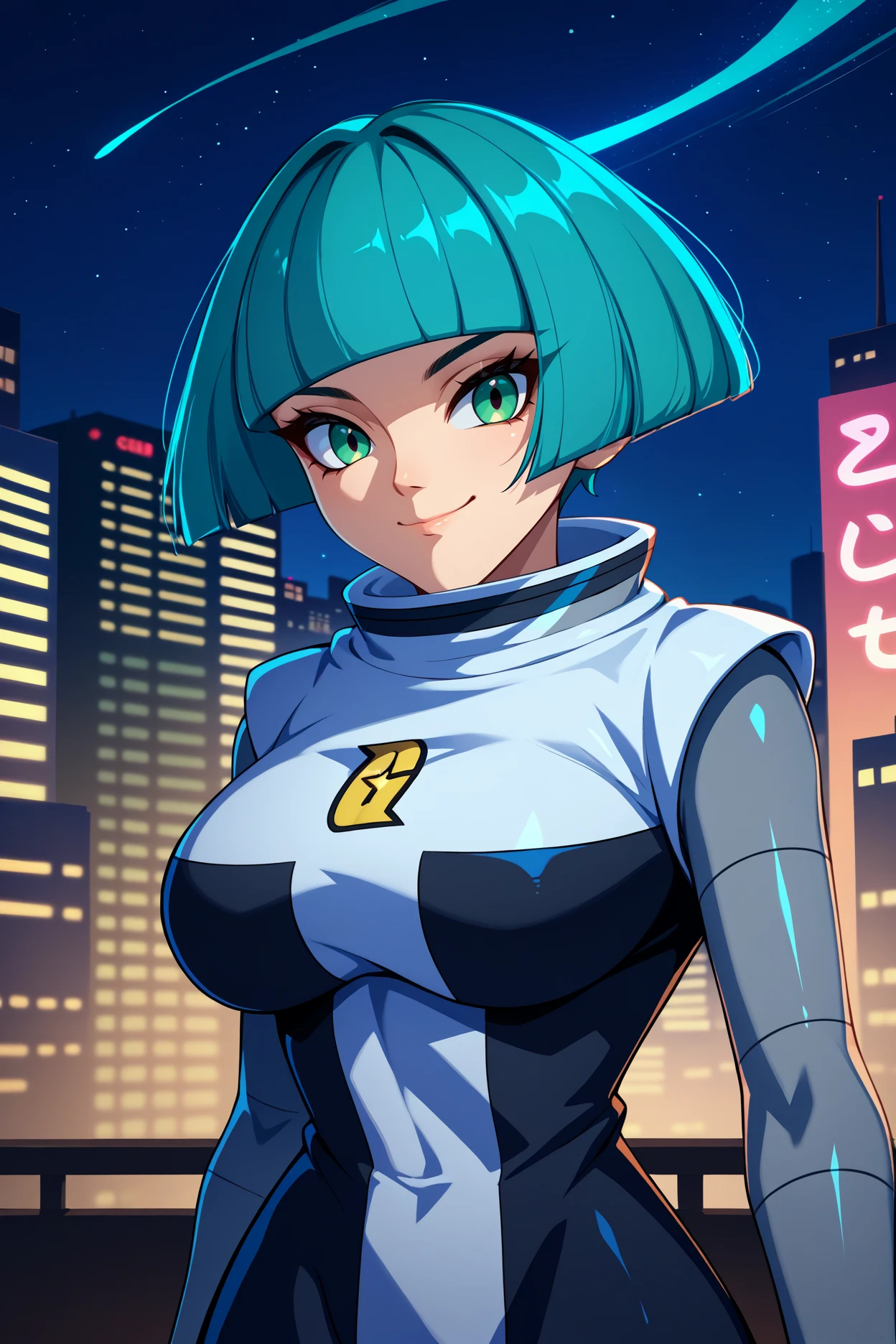 score_9, score_8_up, score_7_up, score_6_up, source_anime, 1girl, solo,  <lora:pkmntgg-pdxl-nvwls-v1-000005:1> pmtgg, cyan hair, short hair, blunt bangs, green eyes, black and white dress, two-tone dress, grey bodysuit, bodysuit under clothes, grey pants, large breasts, looking at you, upper body, night sky, city, night, smile, portrait, happy, closed mouth