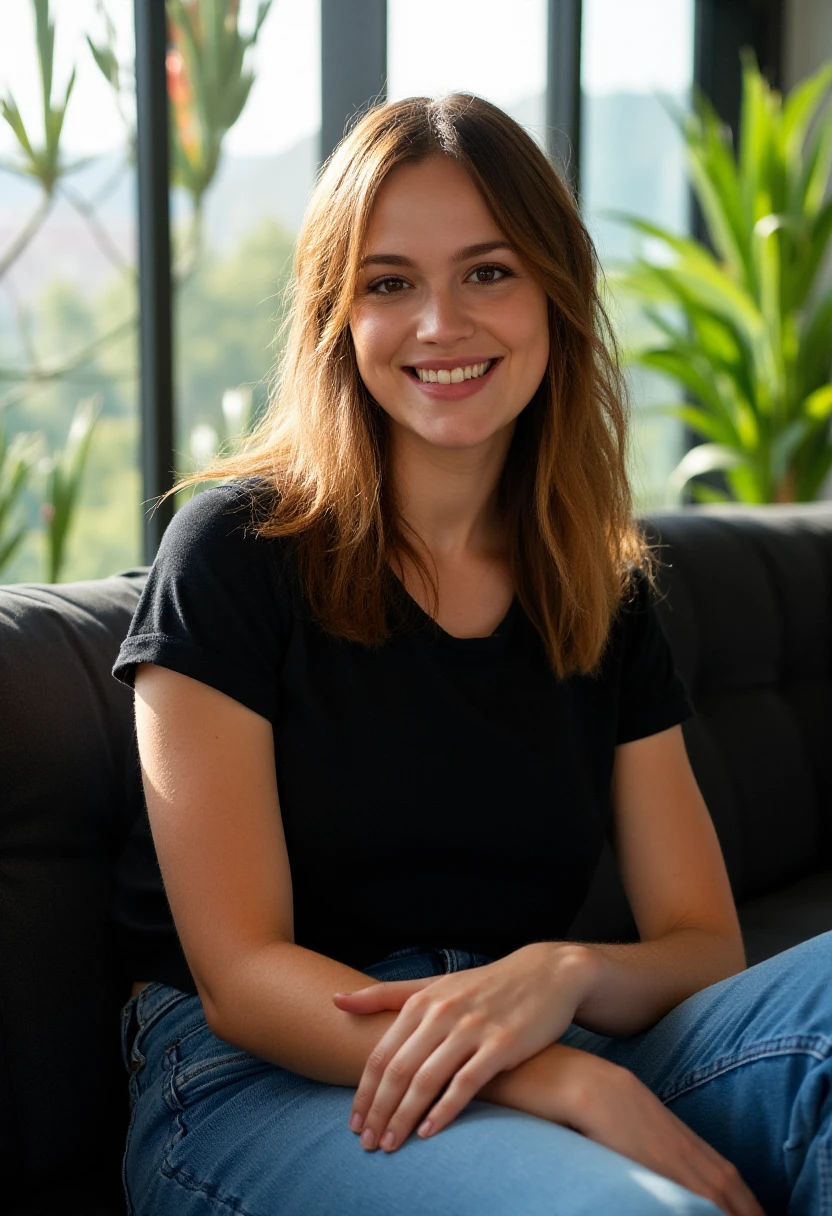 A professional portrait photo of emiliaschuele, a woman. She has loose long light brown hair.  She is smiling. She is wearing a black t-shirt and blue jeans. She is sitting on a comfy black sofa in a modern living room with house plants, sunlight is shining through large windows onto her face and upper body.